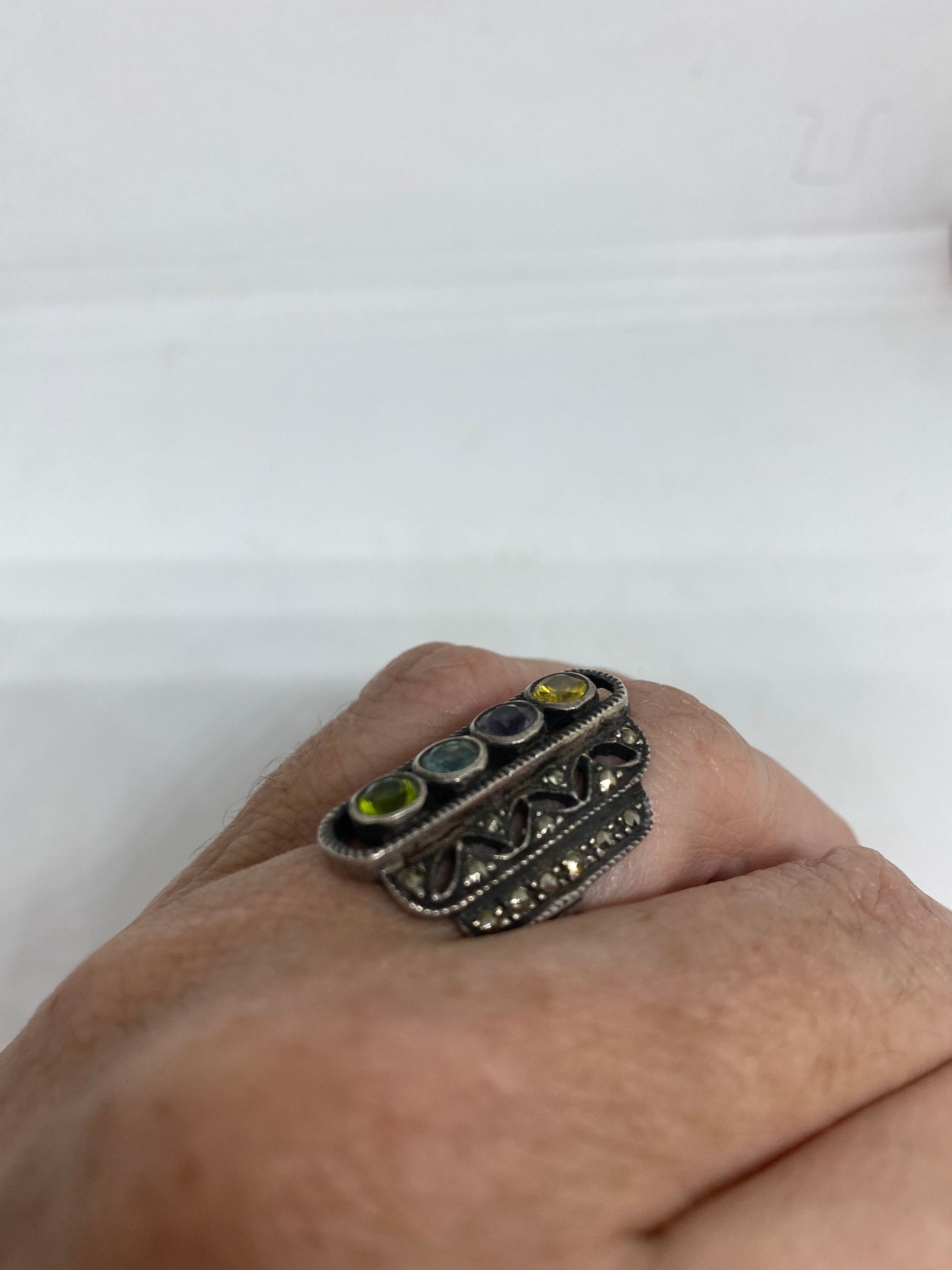 Vintage Mixed Genuine Gemstones 925 Sterling Silver Ring