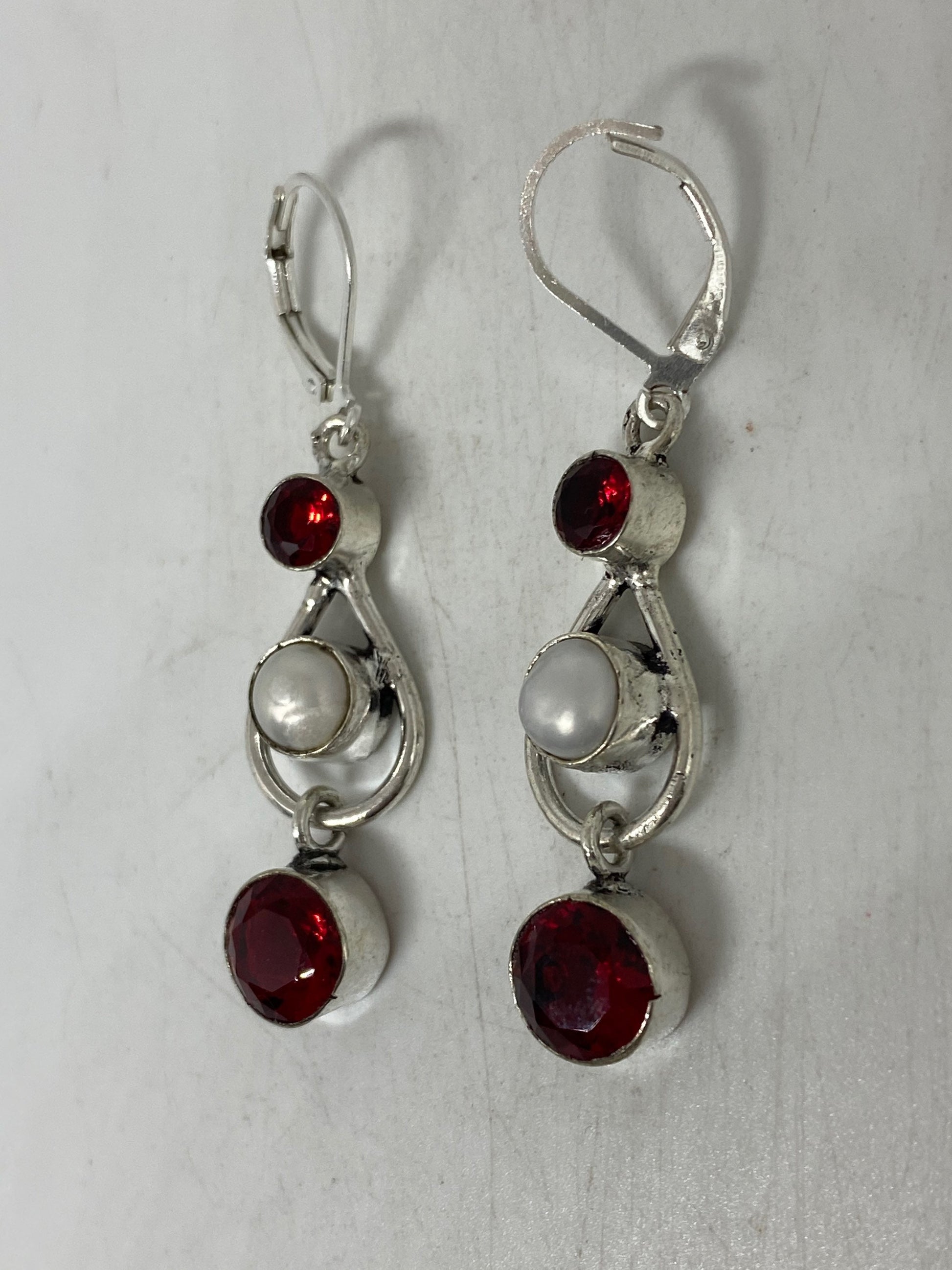 Vintage Genuine Pearl Antique Ruby Glass Sterling Silver Dangle Earrings