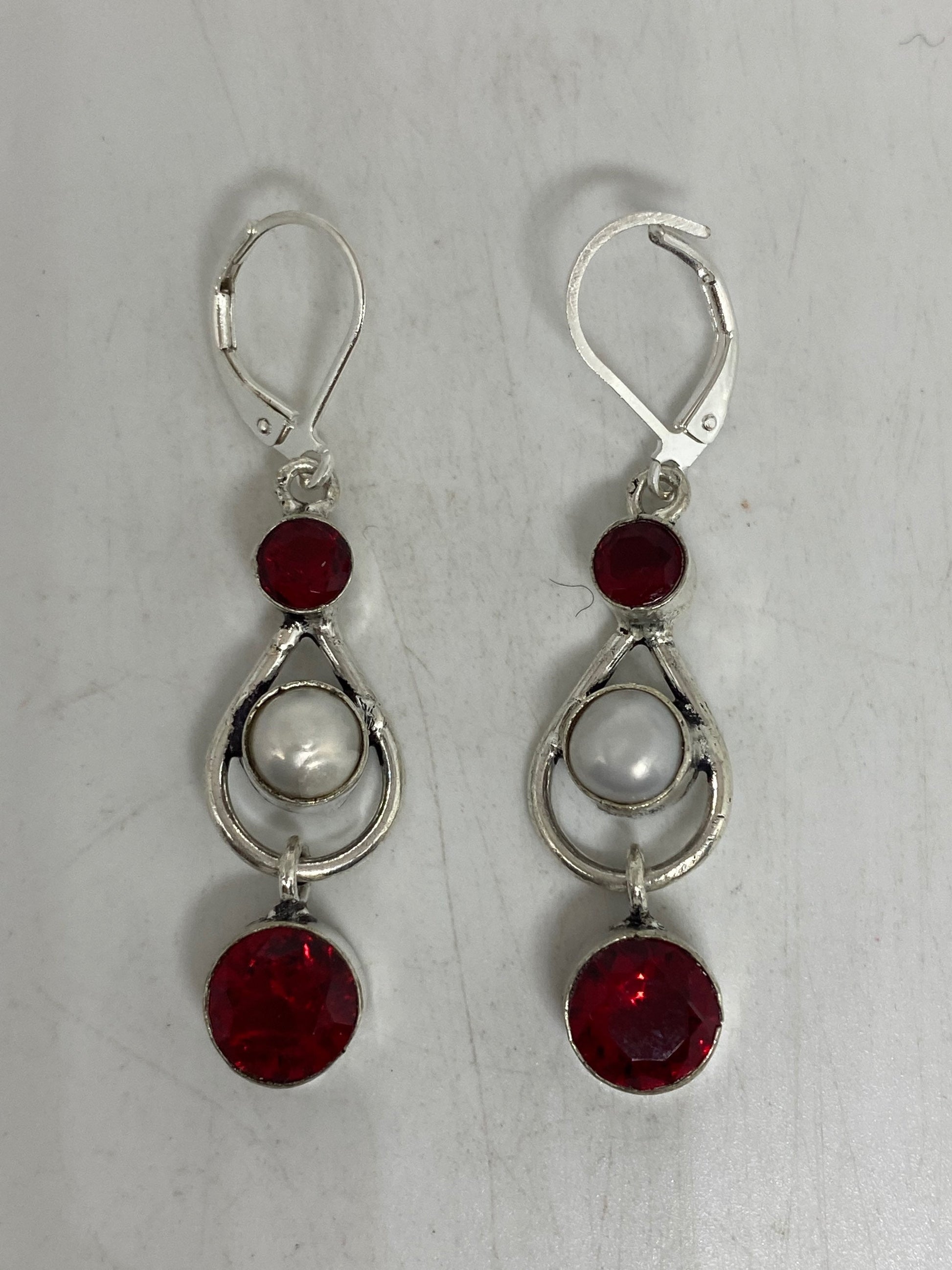 Vintage Genuine Pearl Antique Ruby Glass Sterling Silver Dangle Earrings