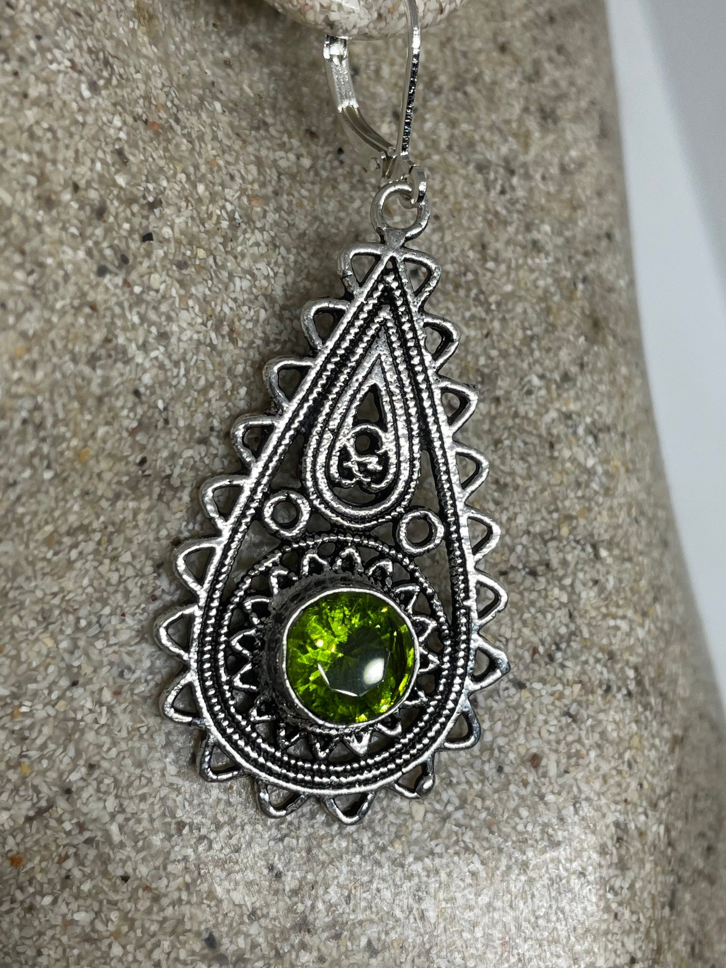 Antique Vintage Green Peridot Silver Dangle Earrings