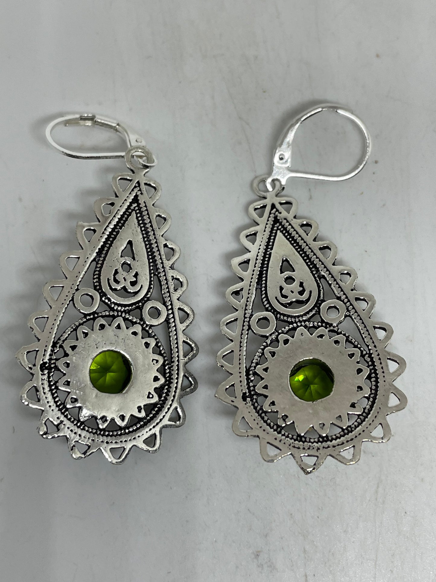 Antique Vintage Green Peridot Silver Dangle Earrings