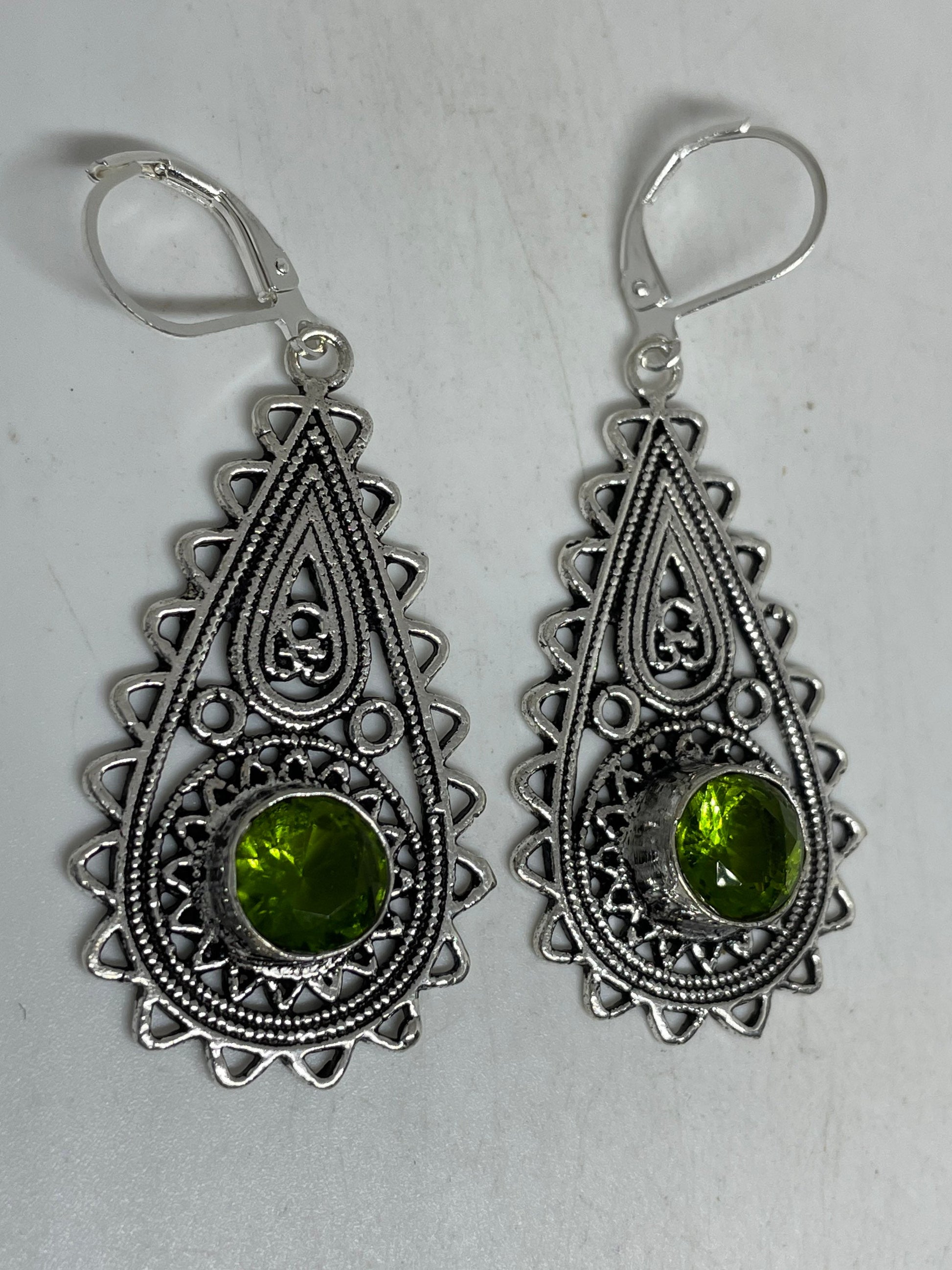 Antique Vintage Green Peridot Silver Dangle Earrings