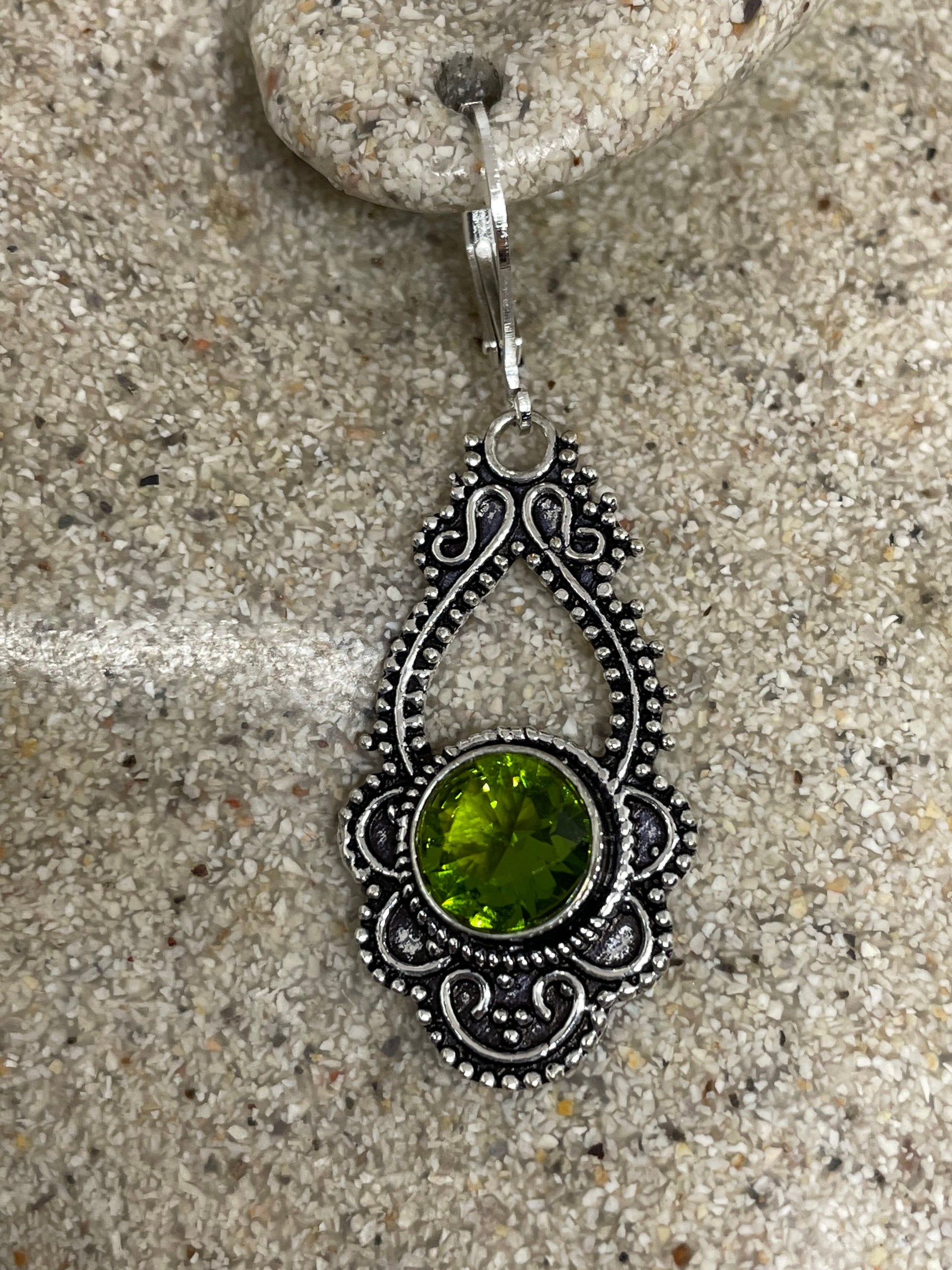 Antique Vintage Green Peridot Silver Dangle Earrings