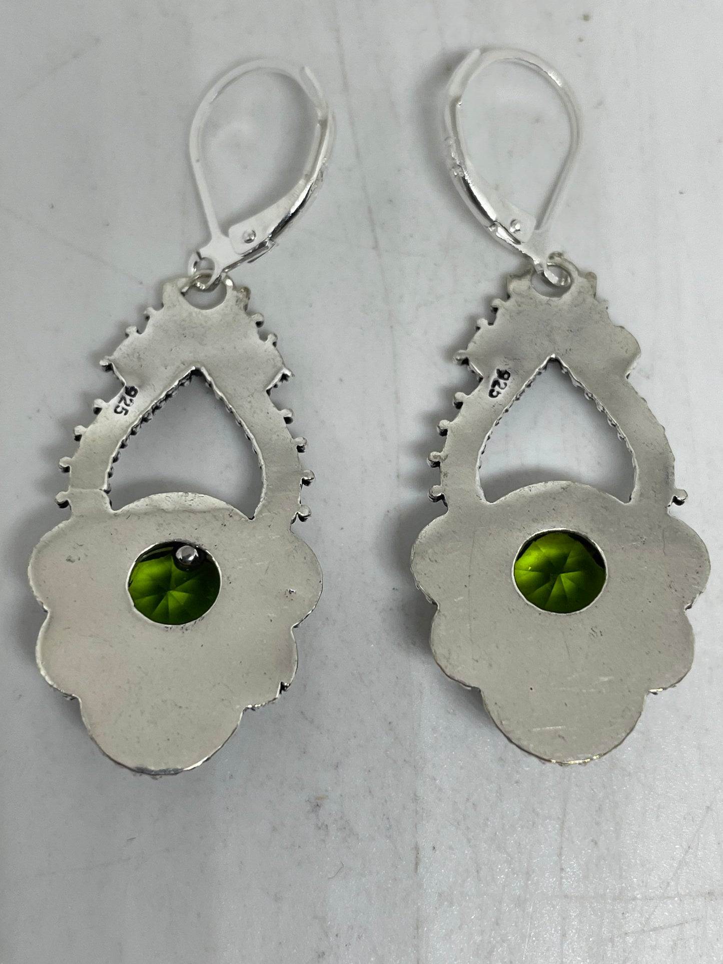 Antique Vintage Green Peridot Silver Dangle Earrings