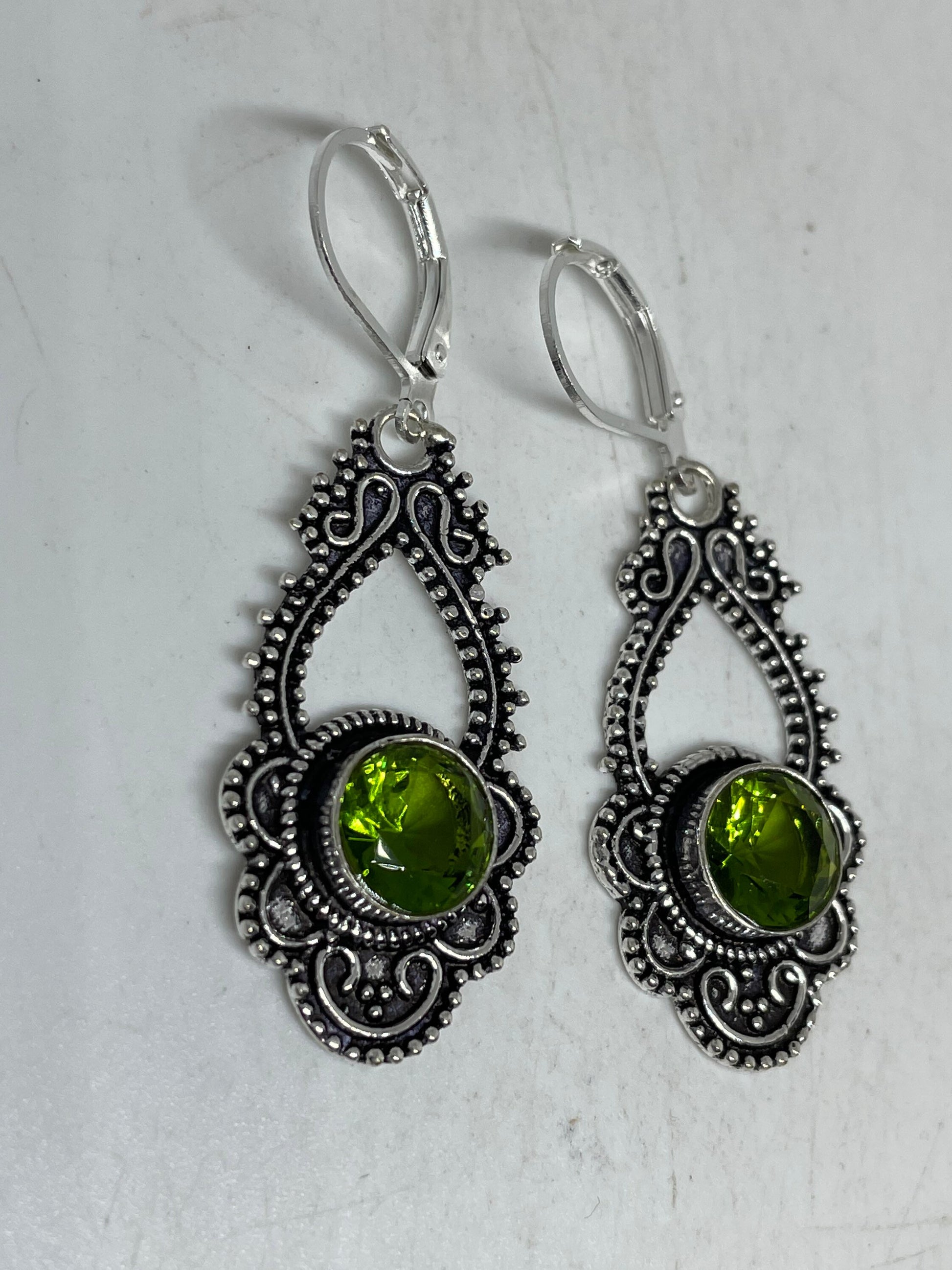 Antique Vintage Green Peridot Silver Dangle Earrings