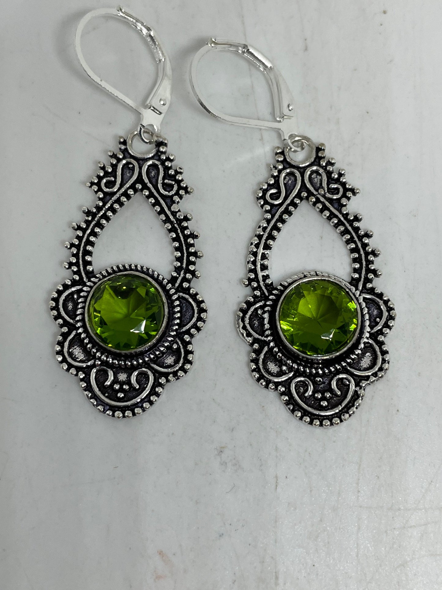 Antique Vintage Green Peridot Silver Dangle Earrings