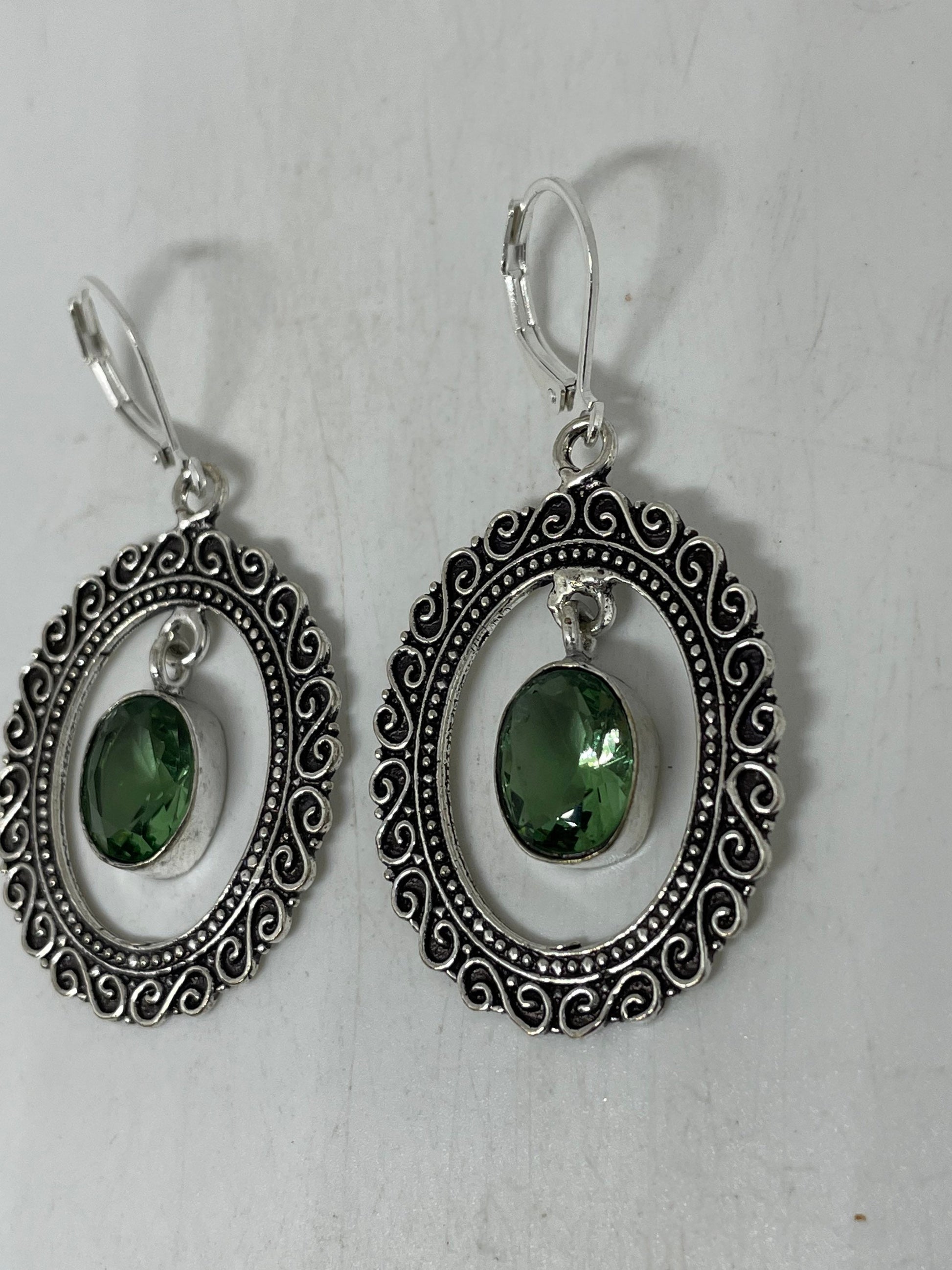 Antique Vintage Green Peridot Silver Dangle Earrings