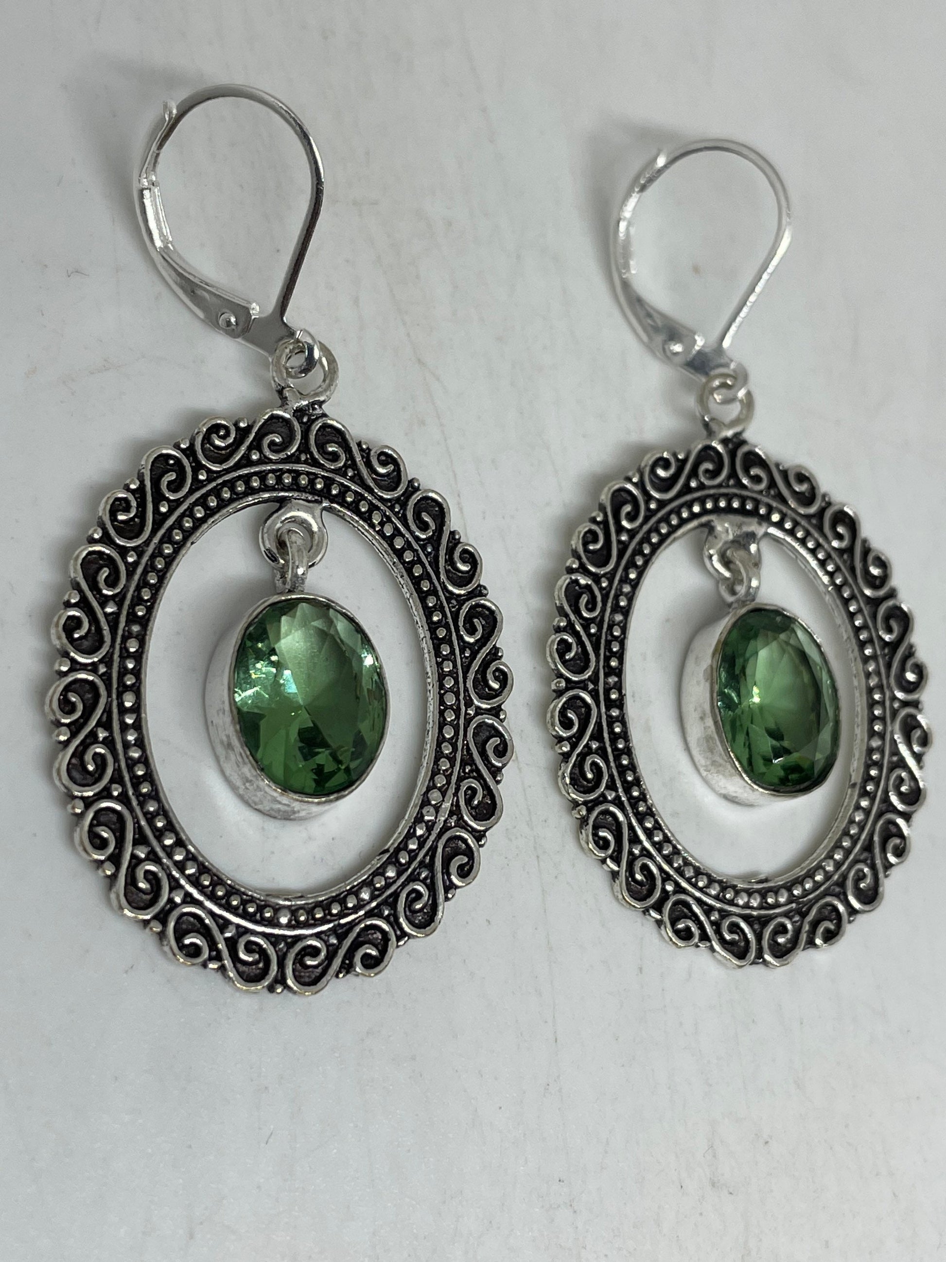 Antique Vintage Green Peridot Silver Dangle Earrings