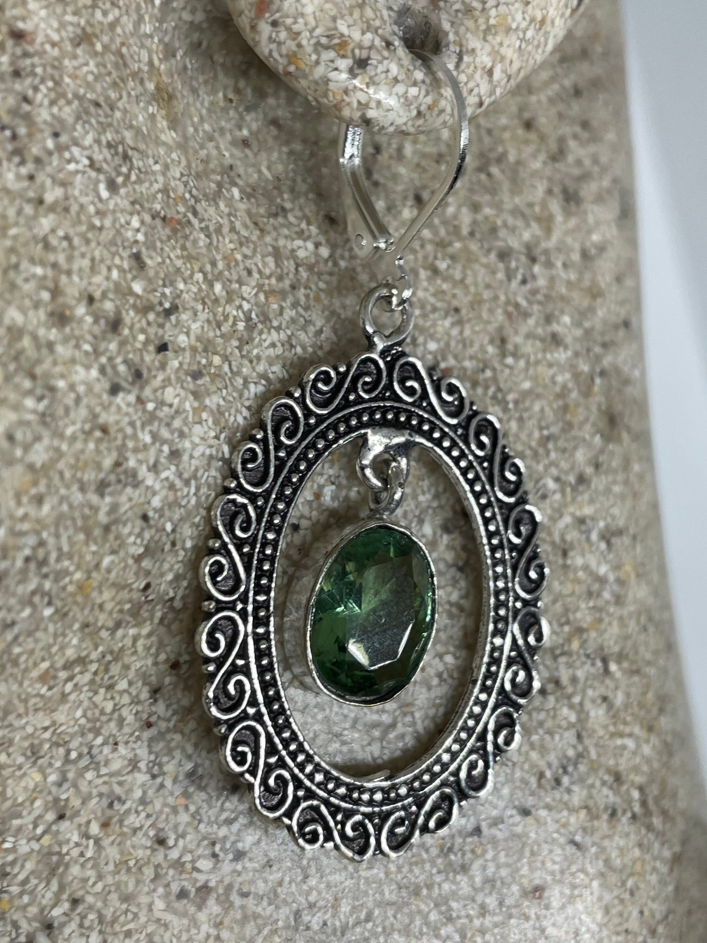 Antique Vintage Green Peridot Silver Dangle Earrings