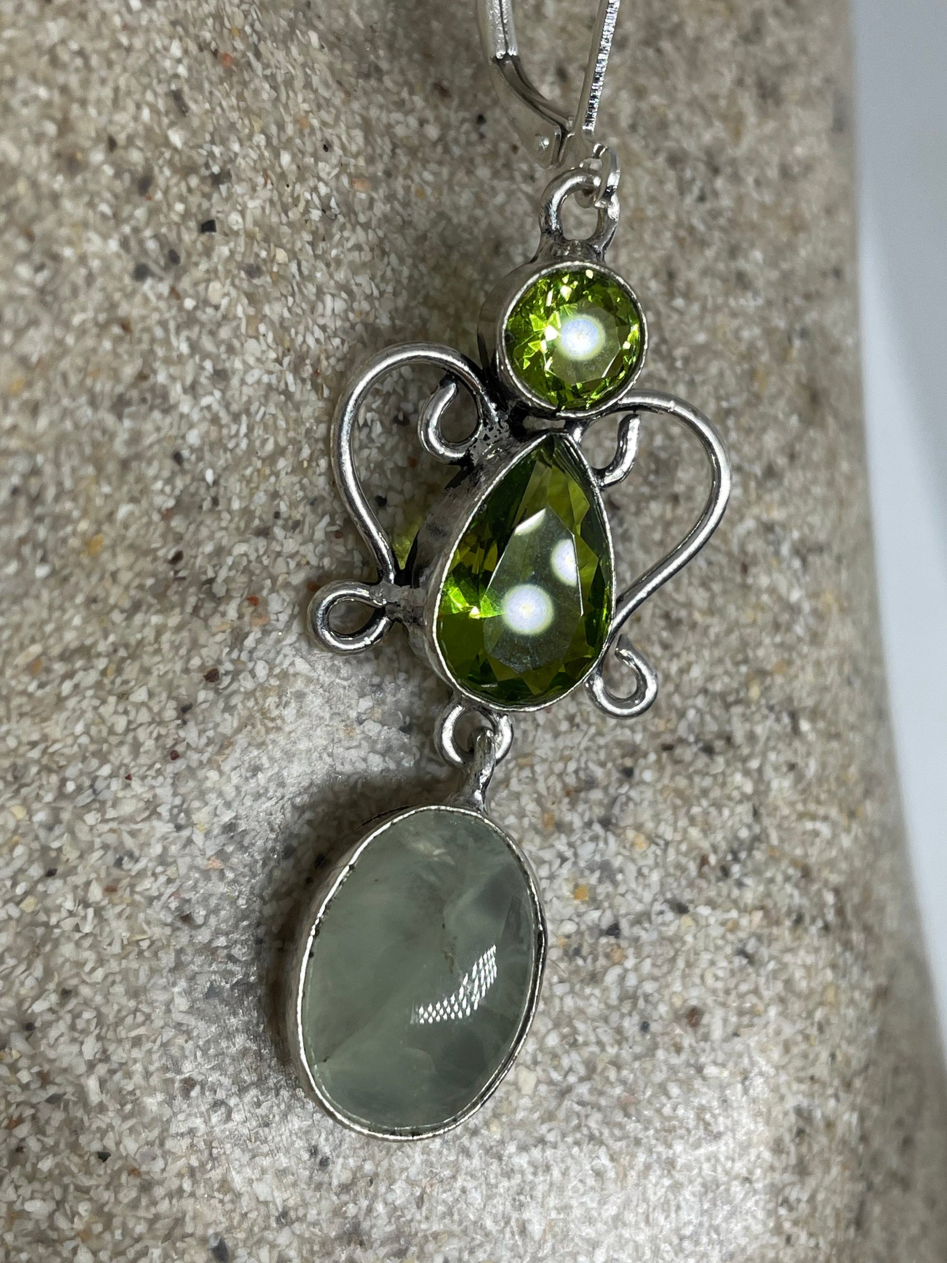 Antique Vintage Green Peridot Jade Silver Dangle Earrings