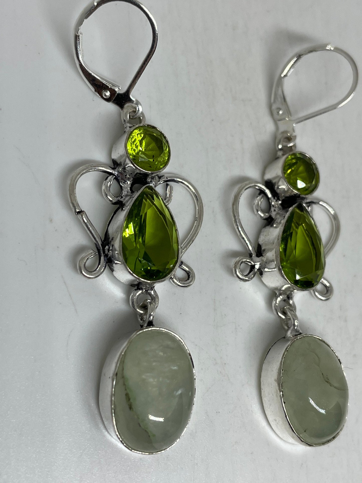 Antique Vintage Green Peridot Jade Silver Dangle Earrings