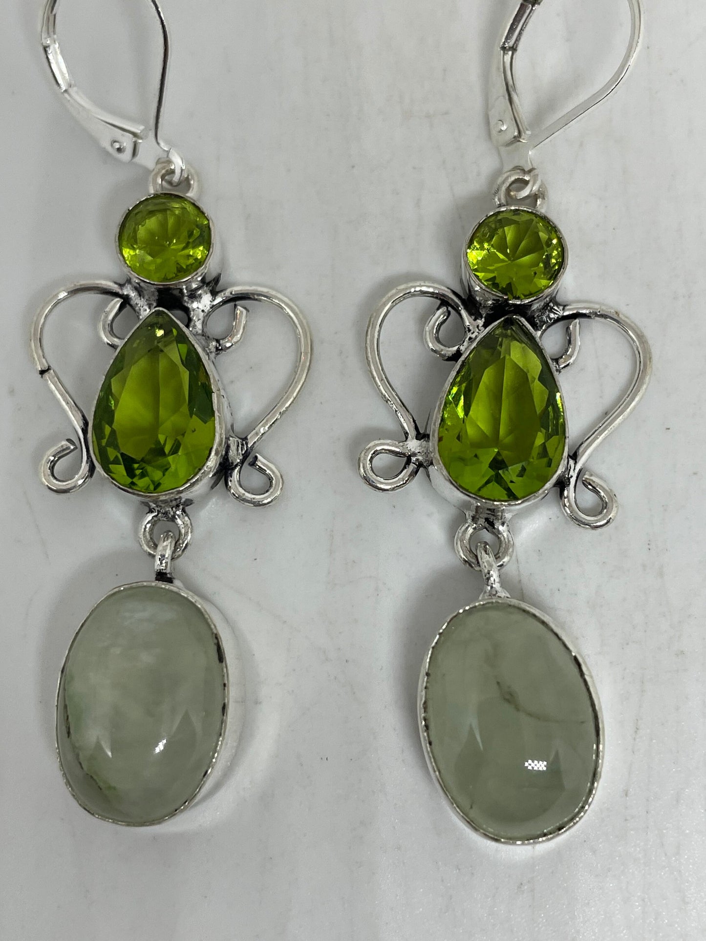 Antique Vintage Green Peridot Jade Silver Dangle Earrings