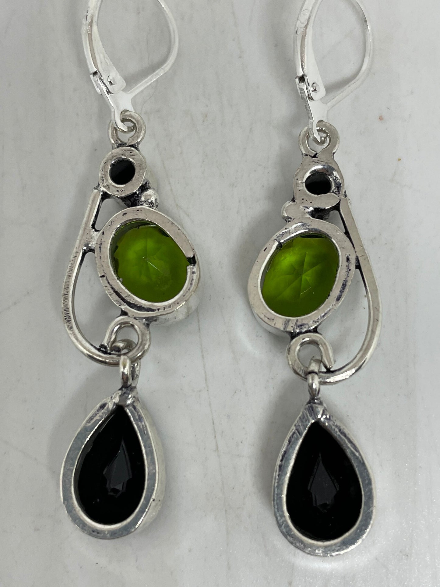 Antique Vintage Green Peridot Black Onyx Silver Dangle Earrings