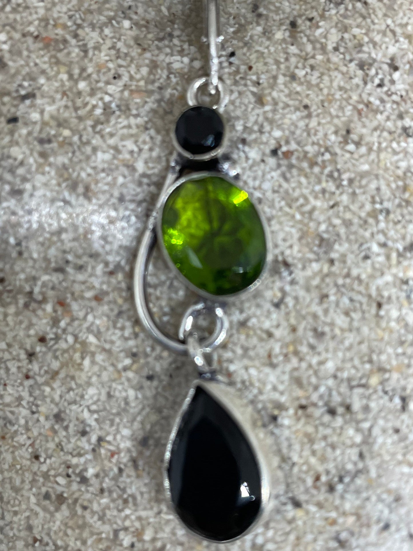 Antique Vintage Green Peridot Black Onyx Silver Dangle Earrings