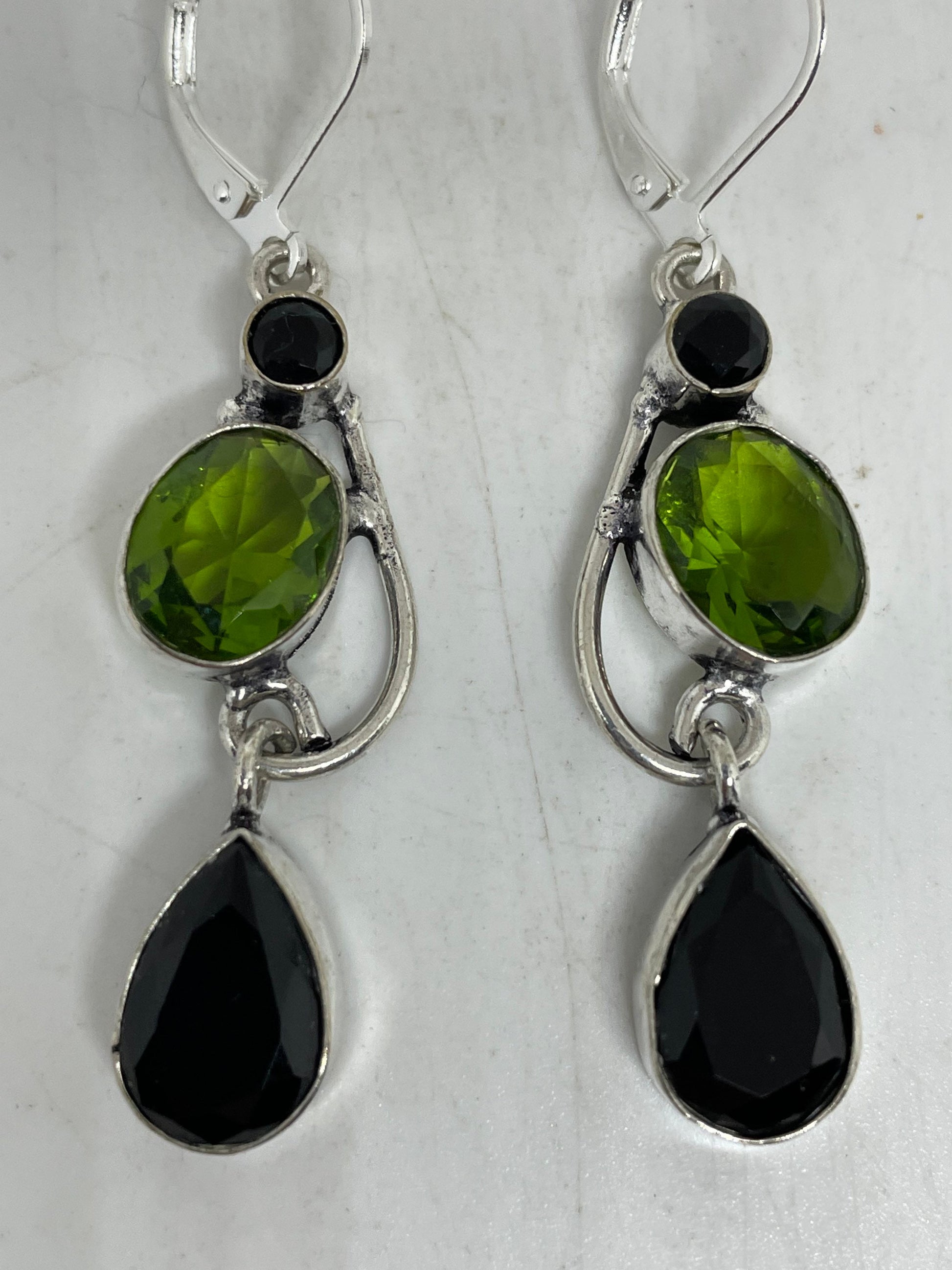 Antique Vintage Green Peridot Black Onyx Silver Dangle Earrings