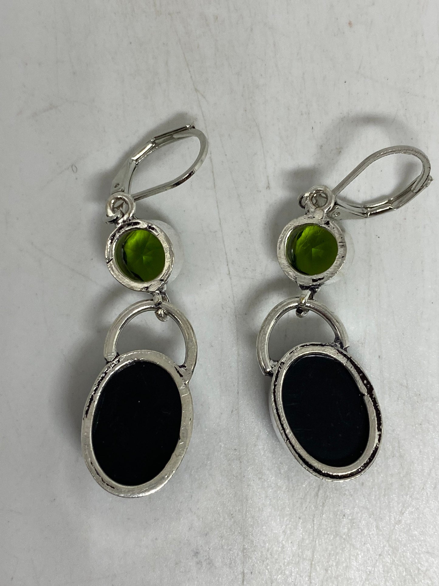 Antique Vintage Green Peridot Black Onyx Silver Dangle Earrings