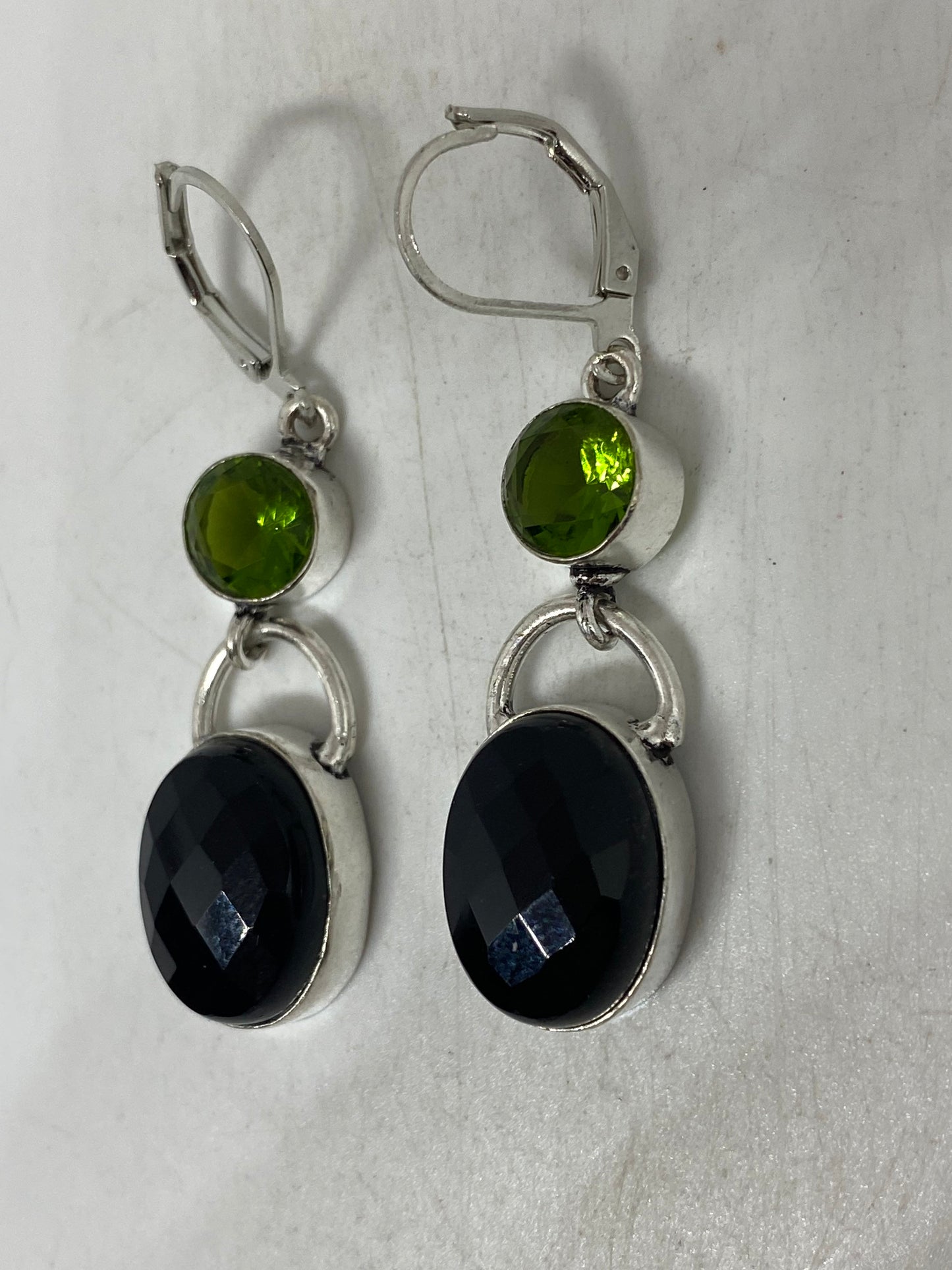 Antique Vintage Green Peridot Black Onyx Silver Dangle Earrings