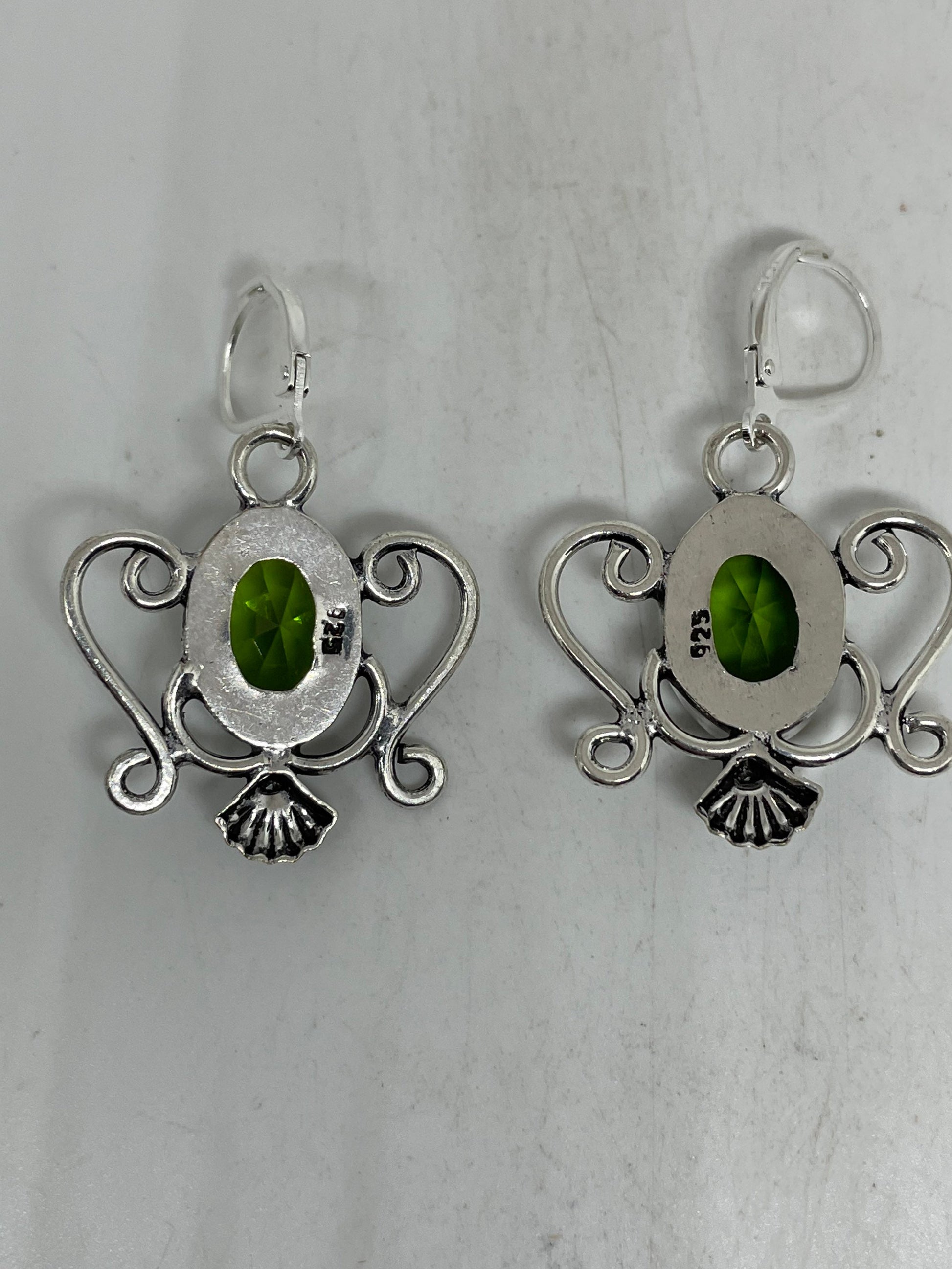 Antique Vintage Green Peridot Silver Dangle Earrings