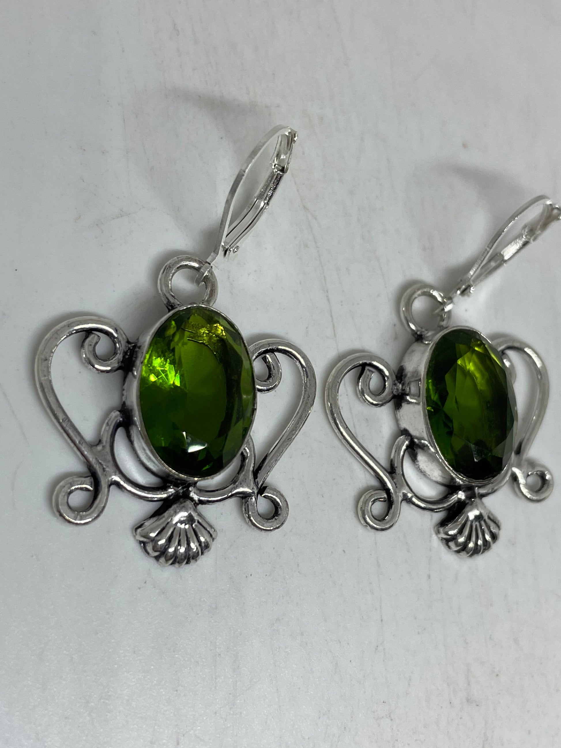 Antique Vintage Green Peridot Silver Dangle Earrings