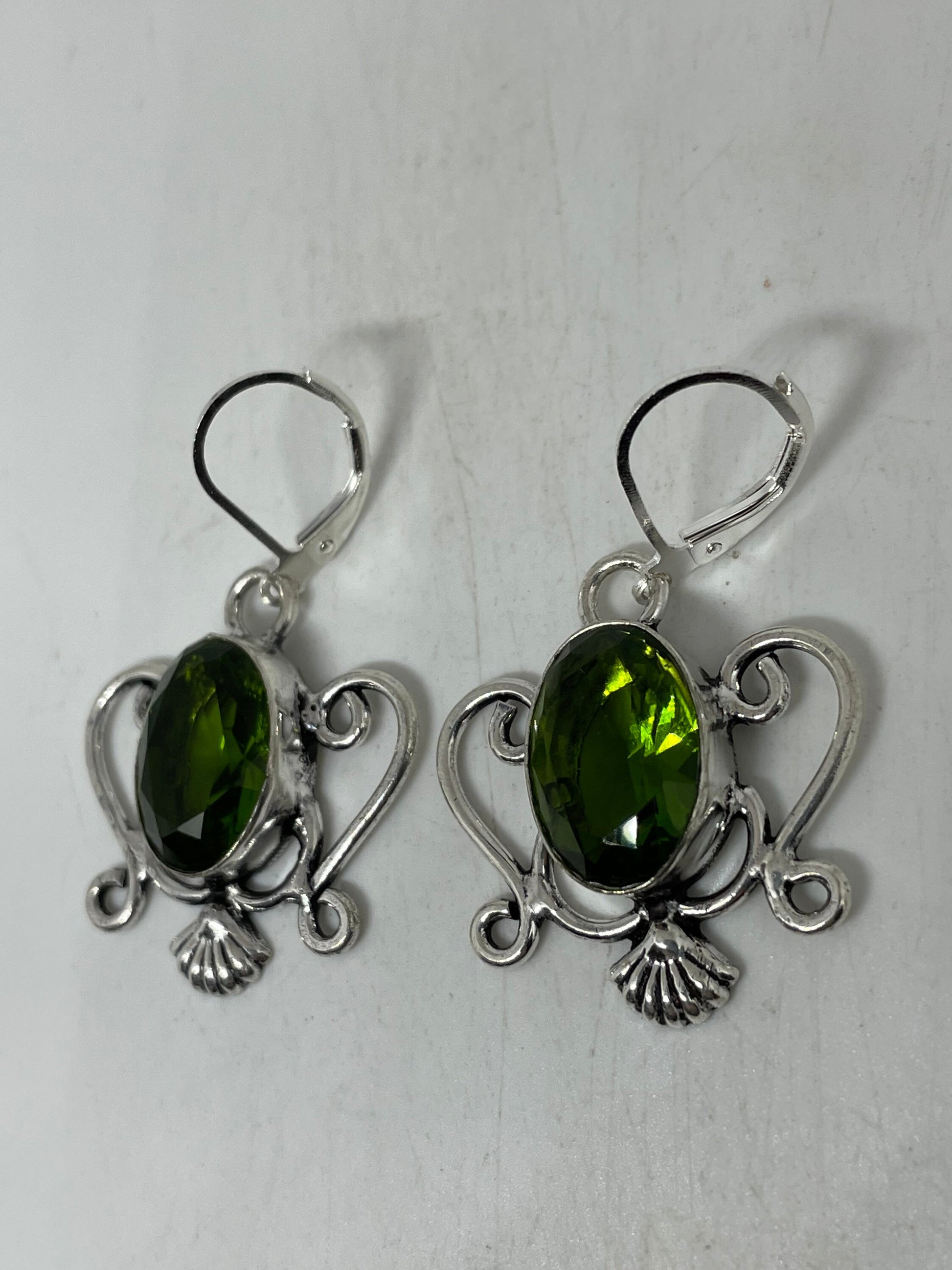 Antique Vintage Green Peridot Silver Dangle Earrings