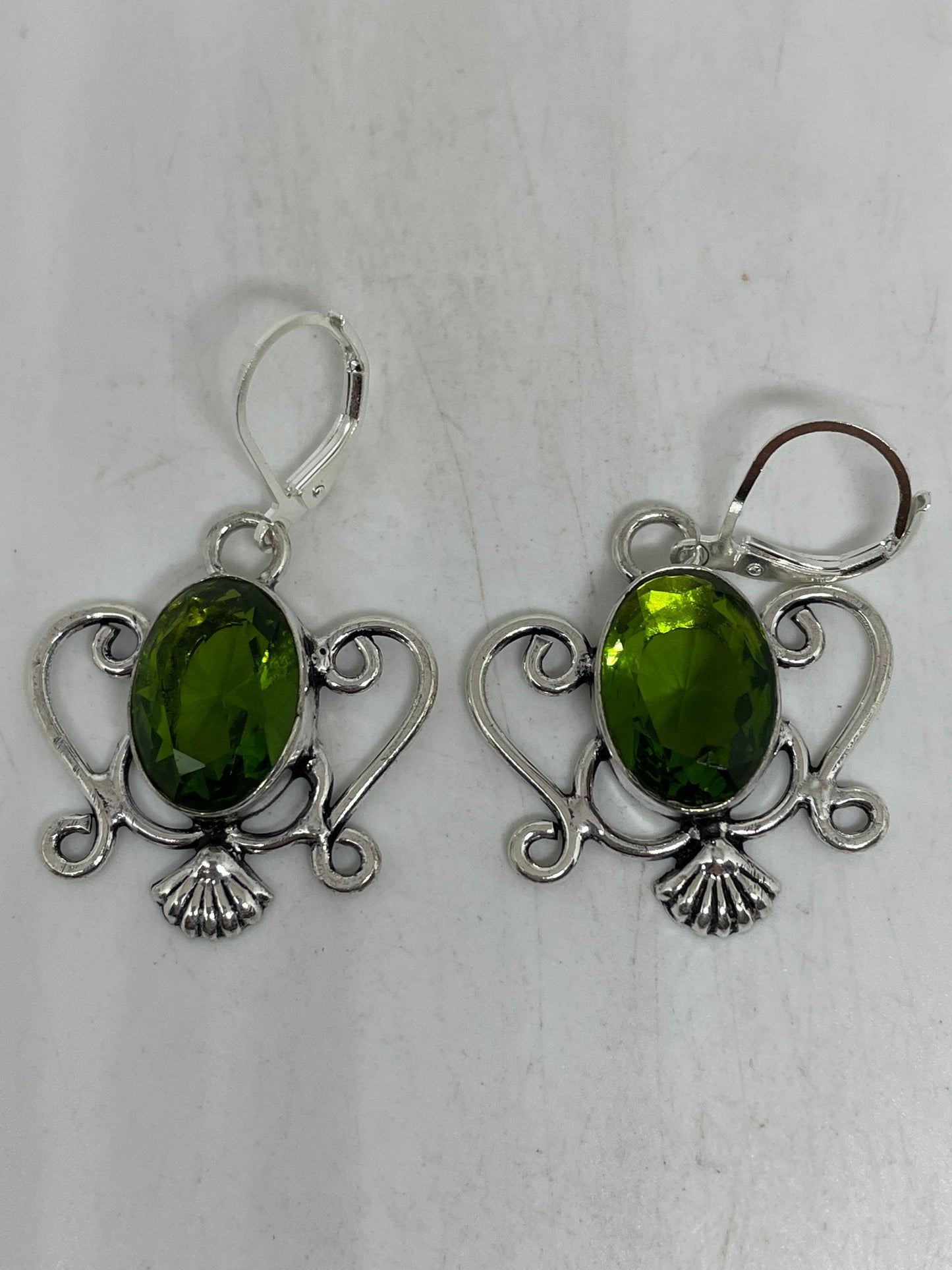 Antique Vintage Green Peridot Silver Dangle Earrings