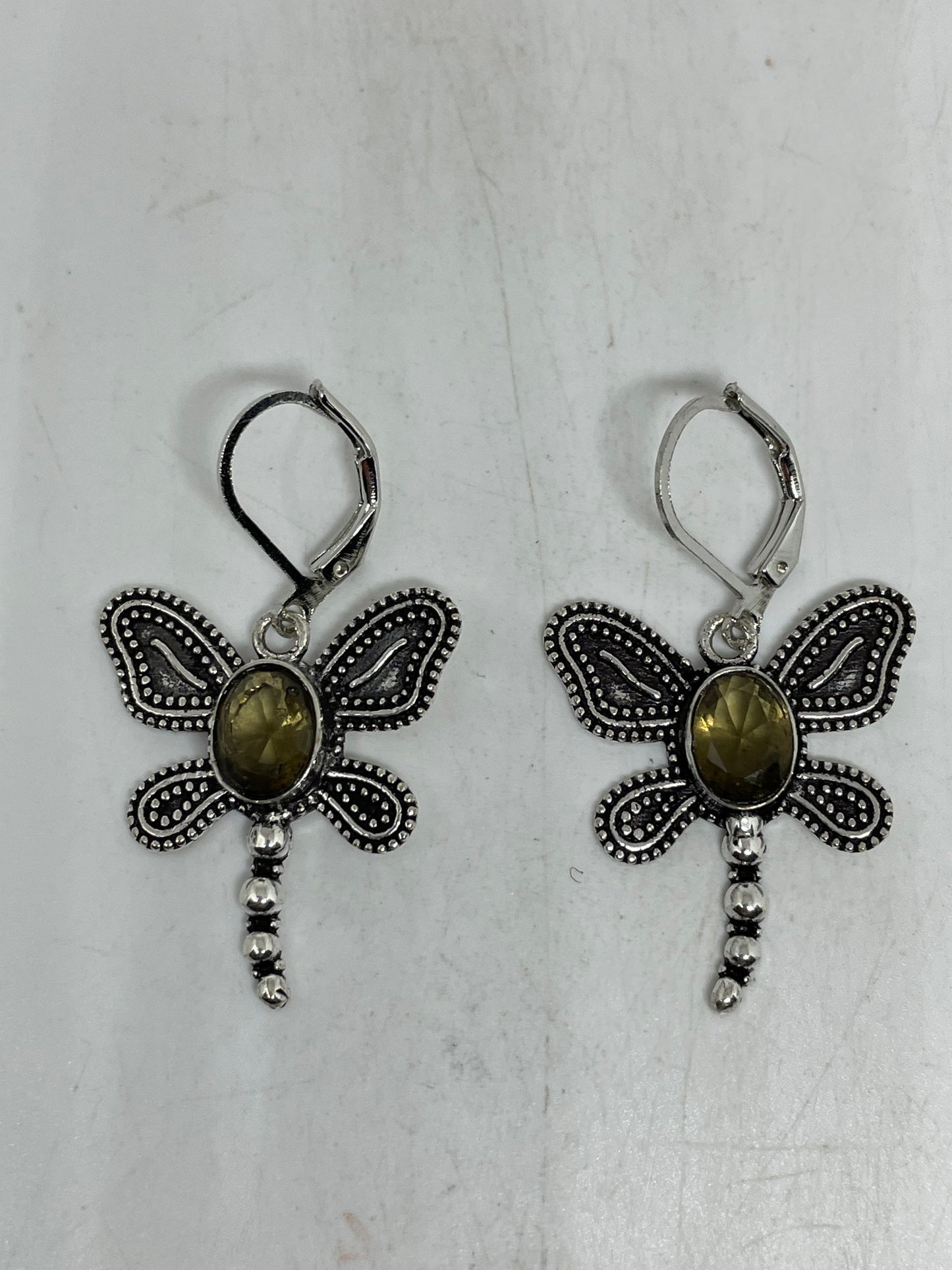 Vintage Smoky Topaz Dragonfly LeverBack Earrings 925 Sterling Silver Dangle