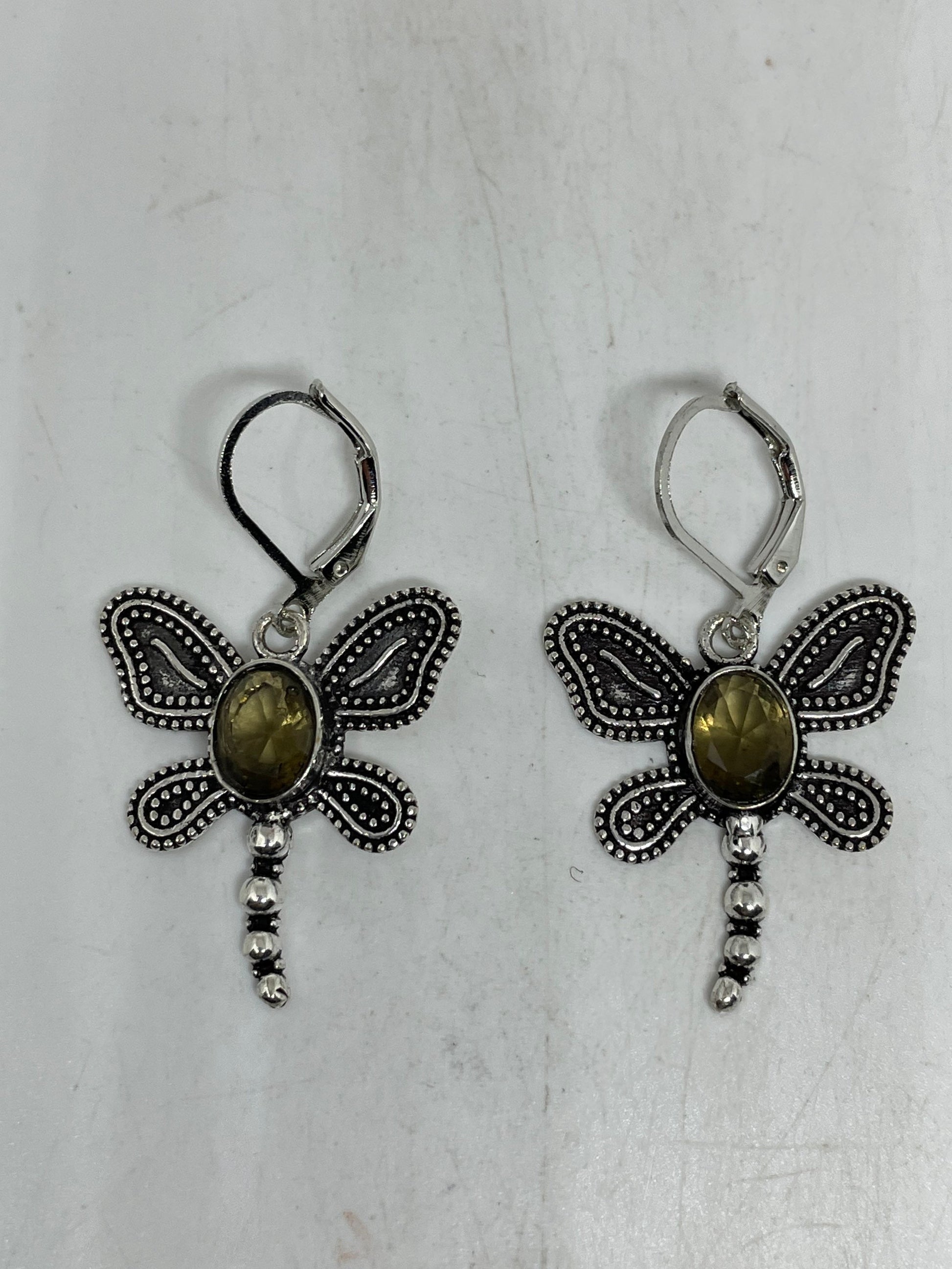 Vintage Smoky Topaz Dragonfly LeverBack Earrings 925 Sterling Silver Dangle