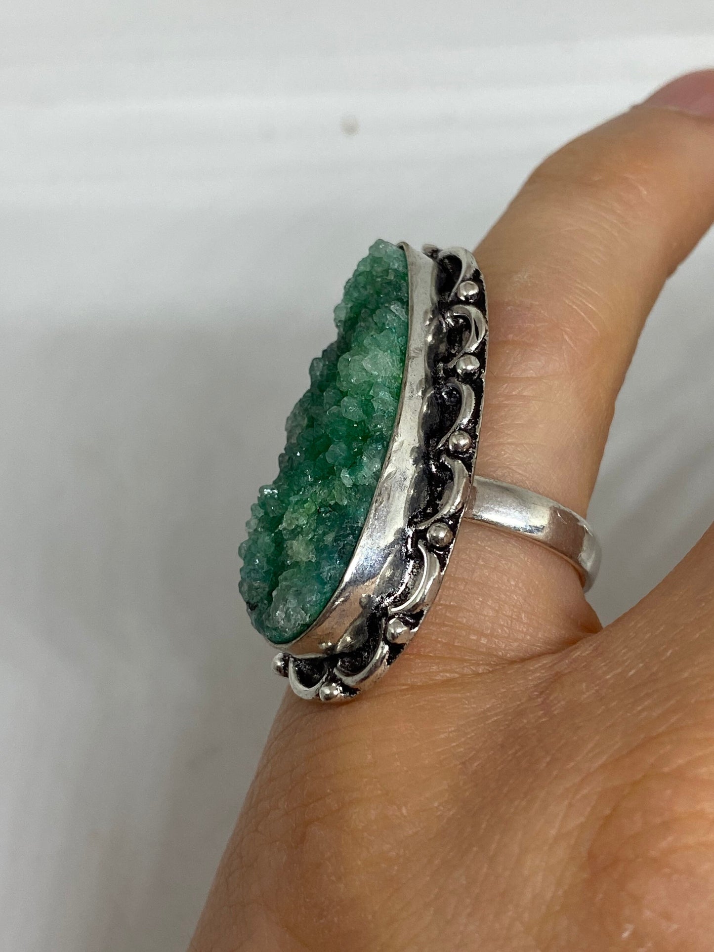 Vintage Handmade Genuine Green Mystic Chrome Diopside Druzy Filigree Setting Silver Ring