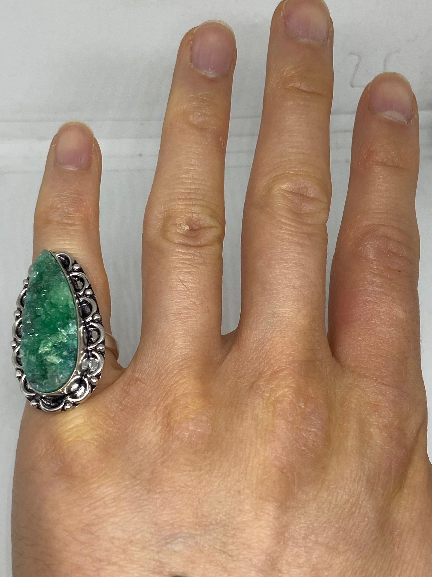 Vintage Handmade Genuine Green Mystic Chrome Diopside Druzy Filigree Setting Silver Ring