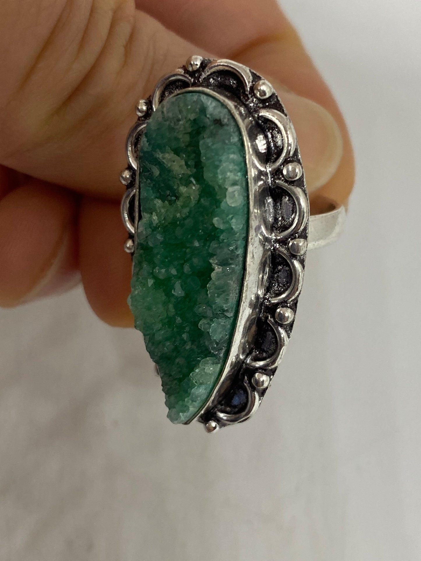 Vintage Handmade Genuine Green Mystic Chrome Diopside Druzy Filigree Setting Silver Ring