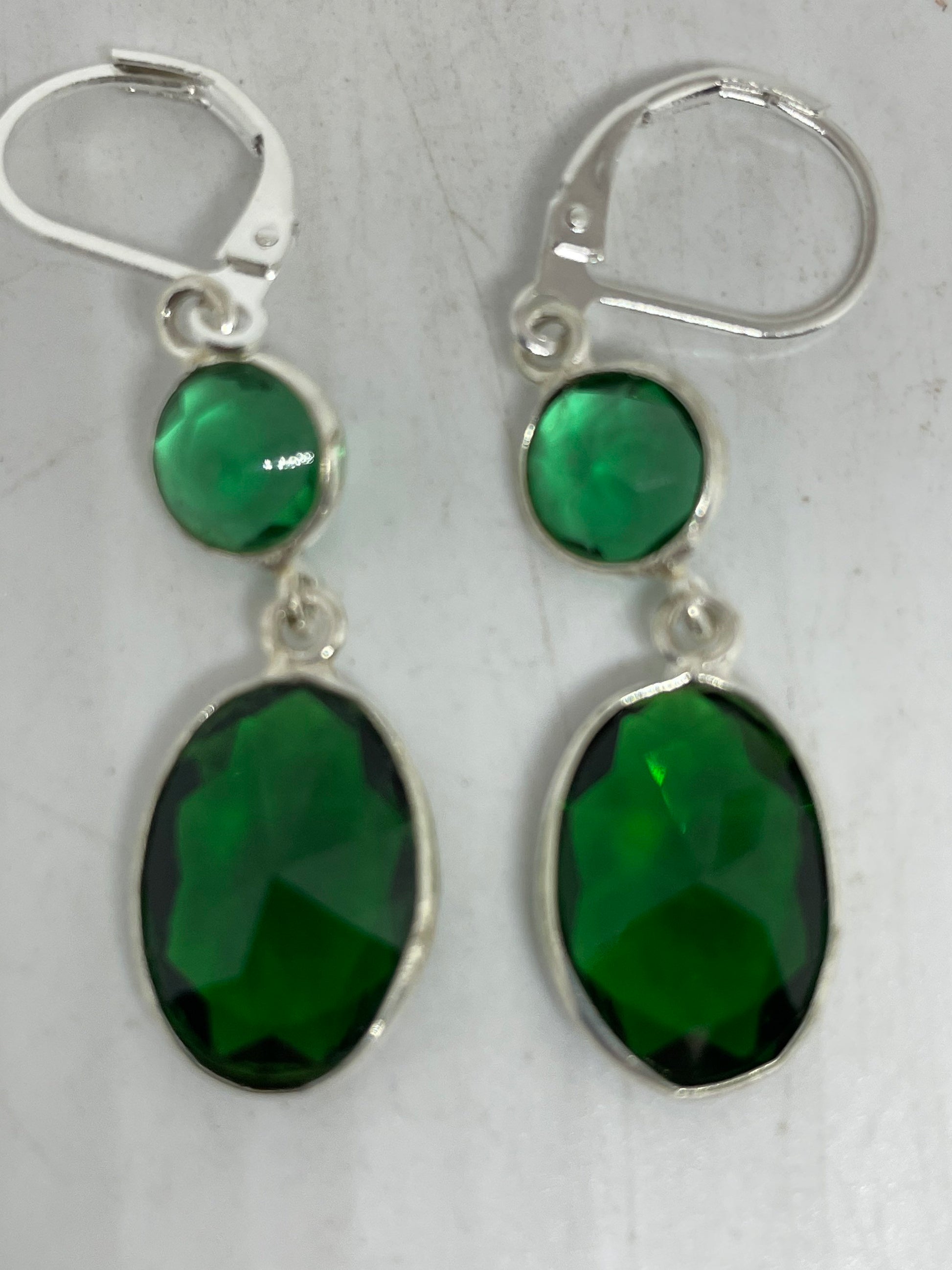 Antique Vintage Green Glass Silver Dangle Earrings