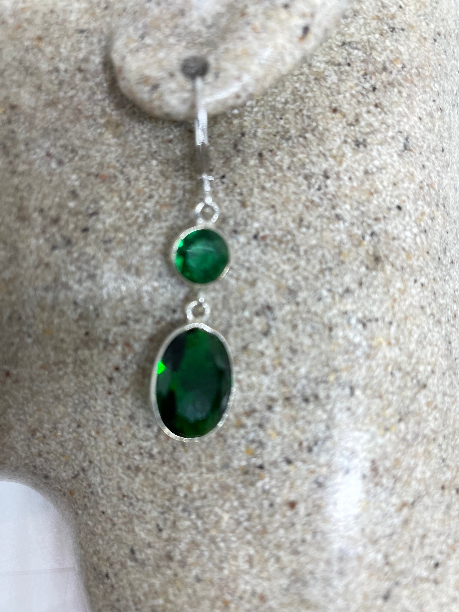 Antique Vintage Green Glass Silver Dangle Earrings