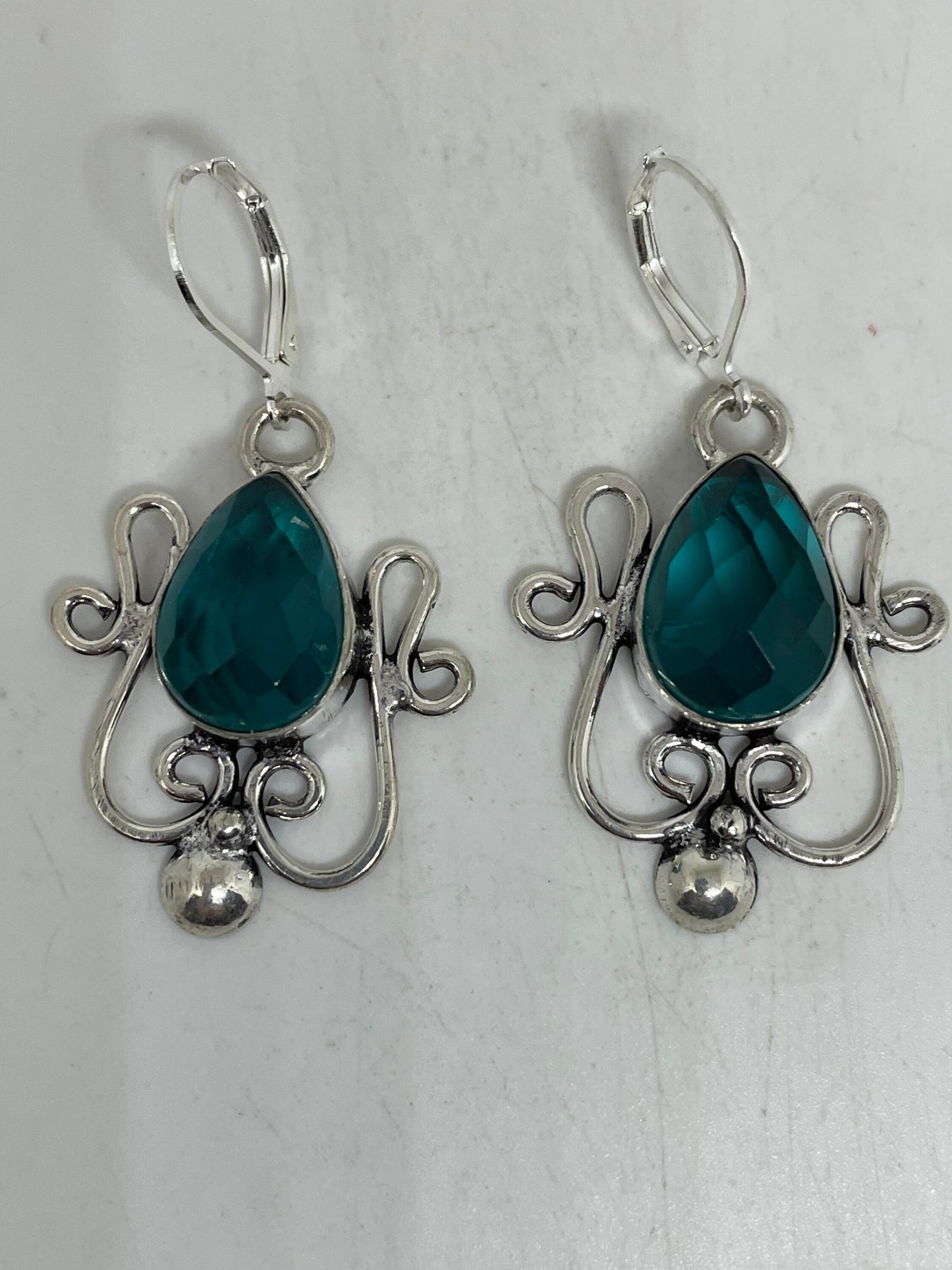 Antique Vintage Aqua Blue Volcanic Glass Silver Dangle Earrings