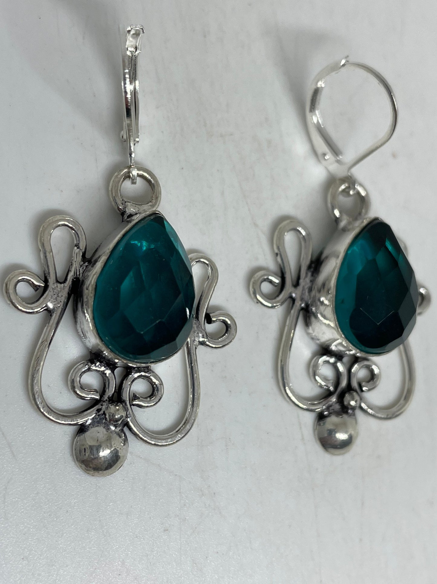 Antique Vintage Aqua Blue Volcanic Glass Silver Dangle Earrings