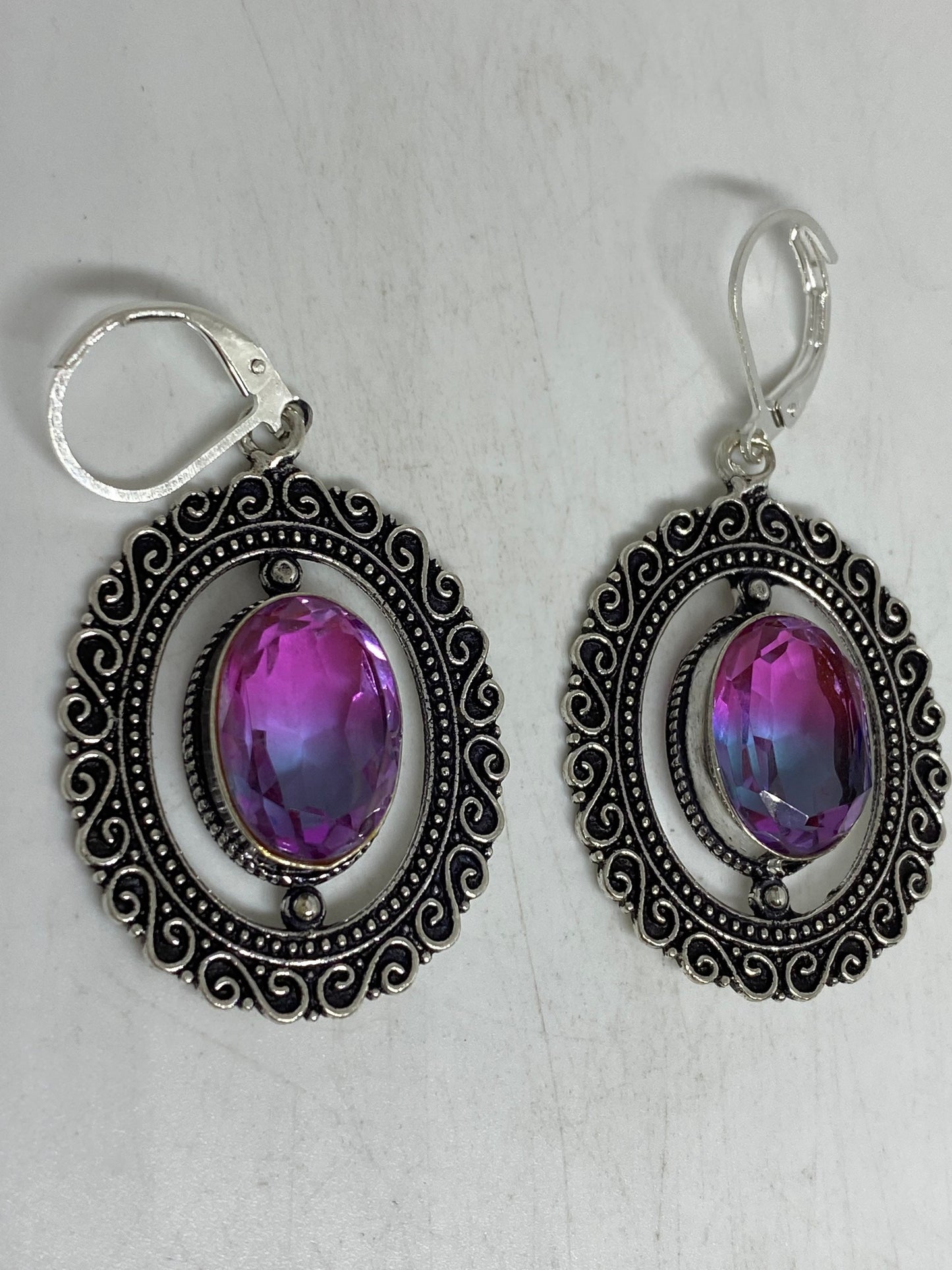 Antique Vintage Purple Volcanic Glass Silver Dangle Earrings