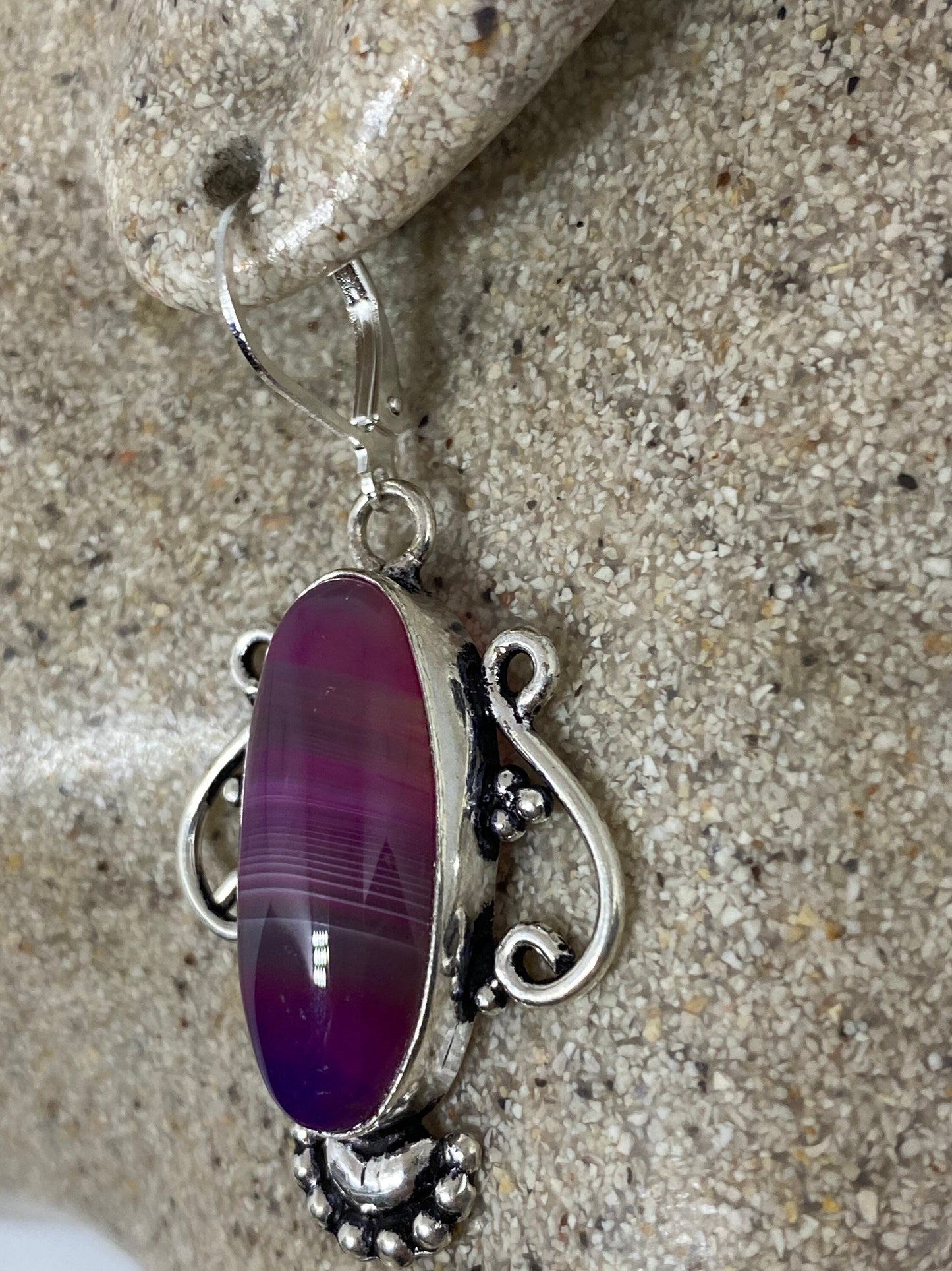 Antique Vintage Purple Banded agate Silver Dangle Earrings