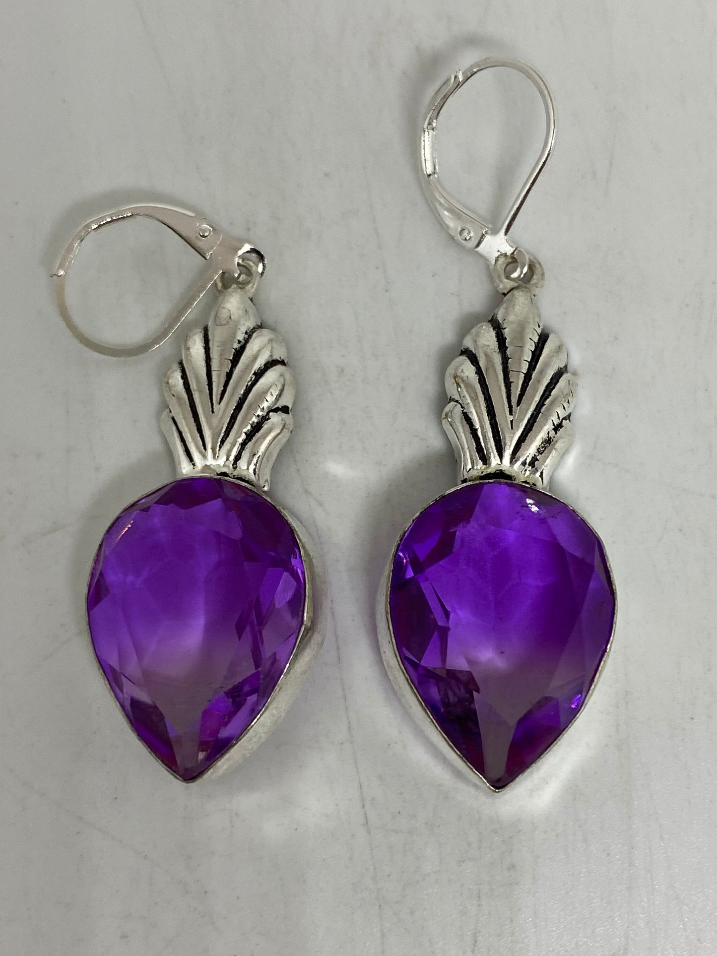 Antique Vintage Purple Volcanic Glass Silver Dangle Earrings