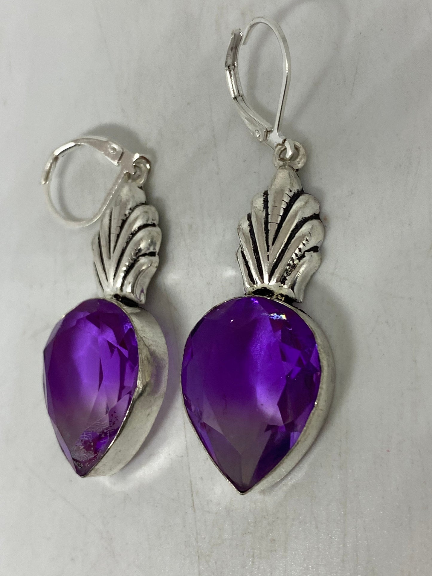 Antique Vintage Purple Volcanic Glass Silver Dangle Earrings