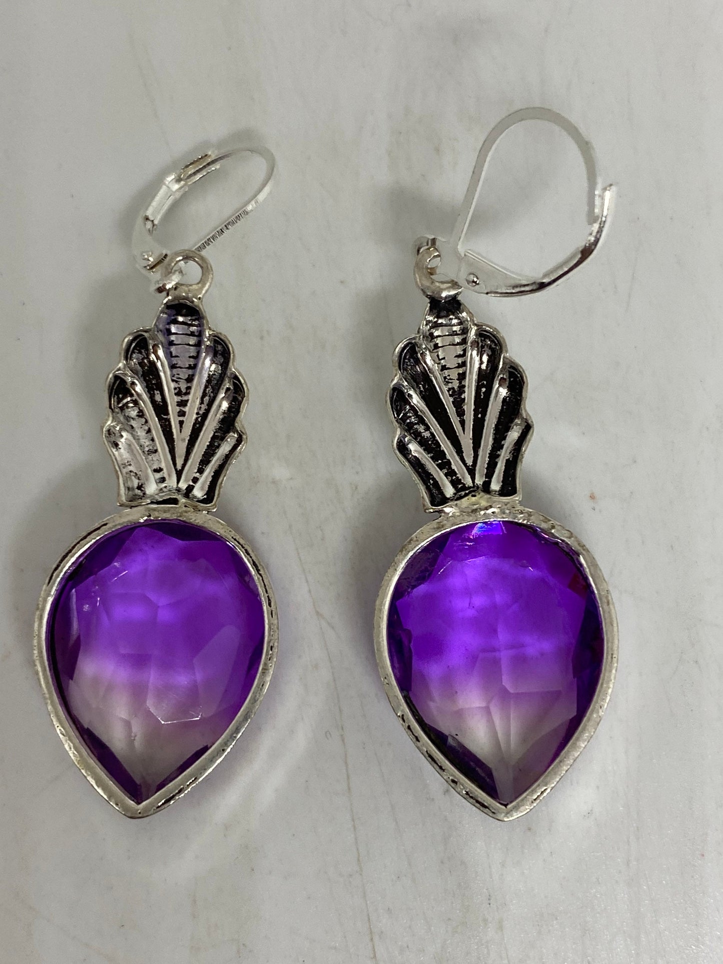 Antique Vintage Purple Volcanic Glass Silver Dangle Earrings