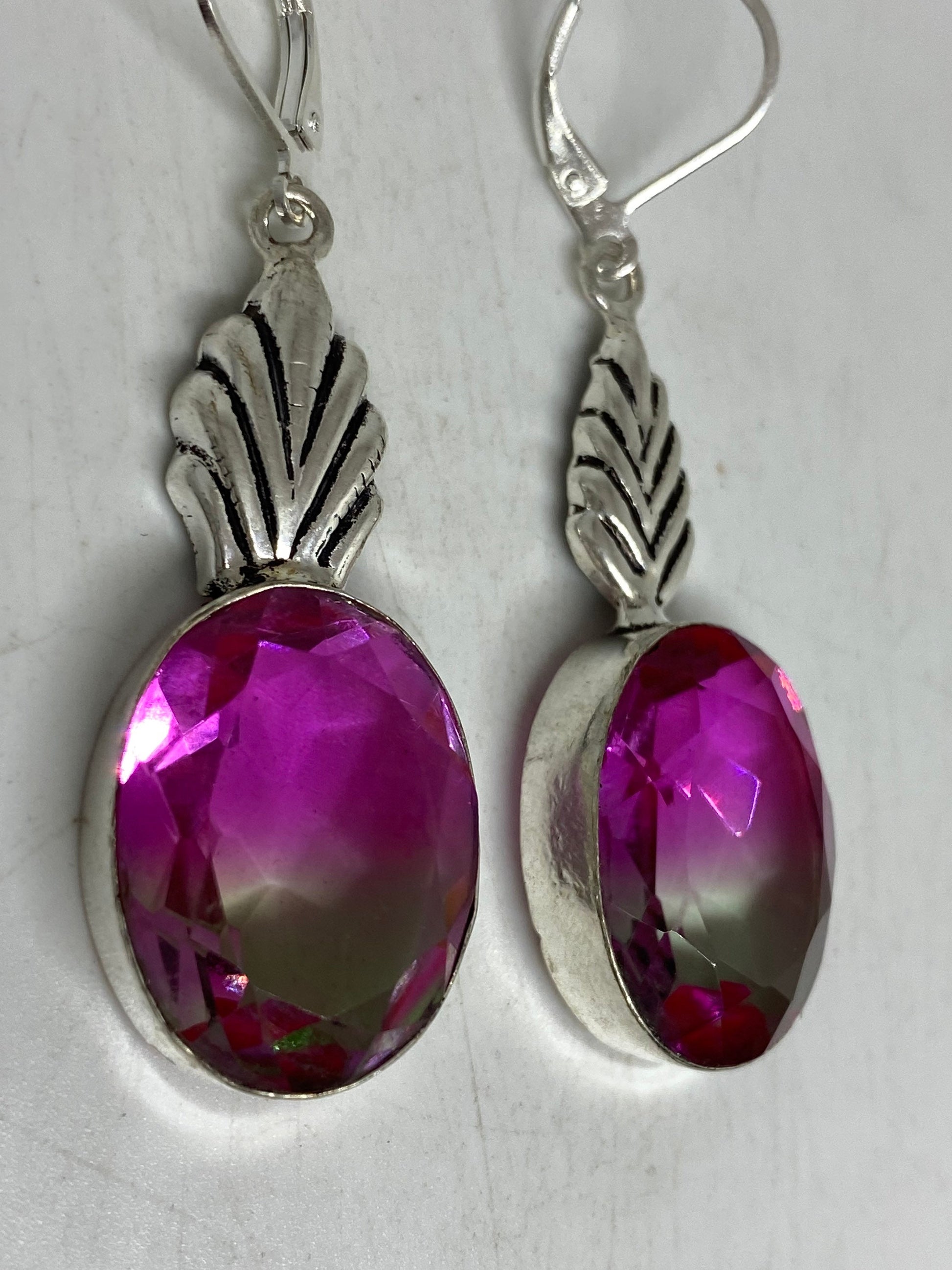 Antique Vintage Purple Volcanic Glass Silver Dangle Earrings