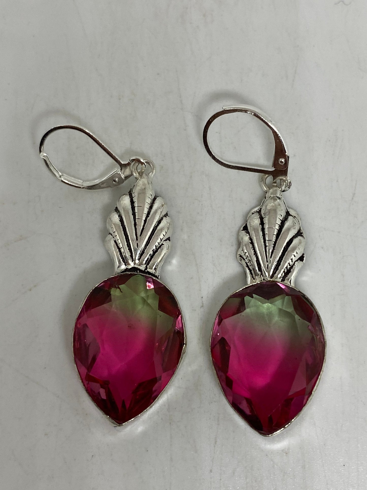 Antique Vintage Pink Butterfly wing Glass Silver Dangle Earrings