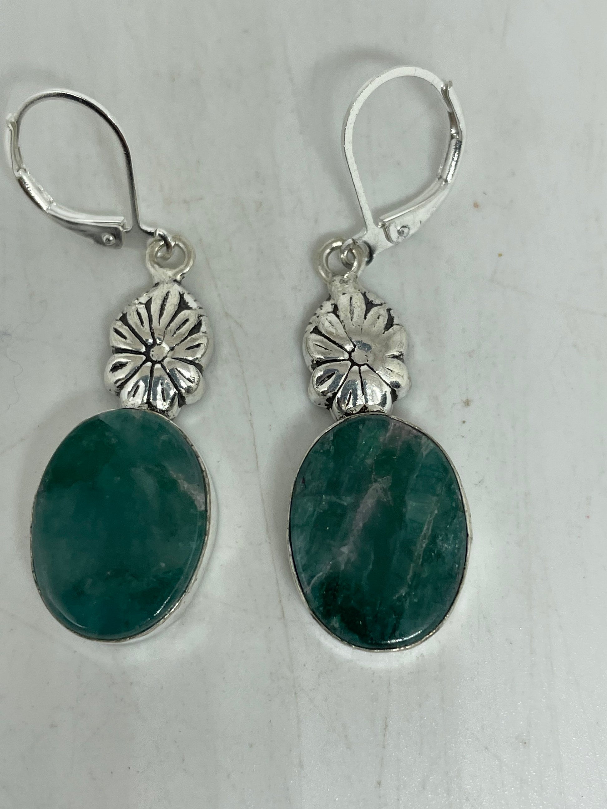 Vintage Genuine Raw Emerald Gemstone Filigree Sterling Silver Lever Back Dangle Earrings