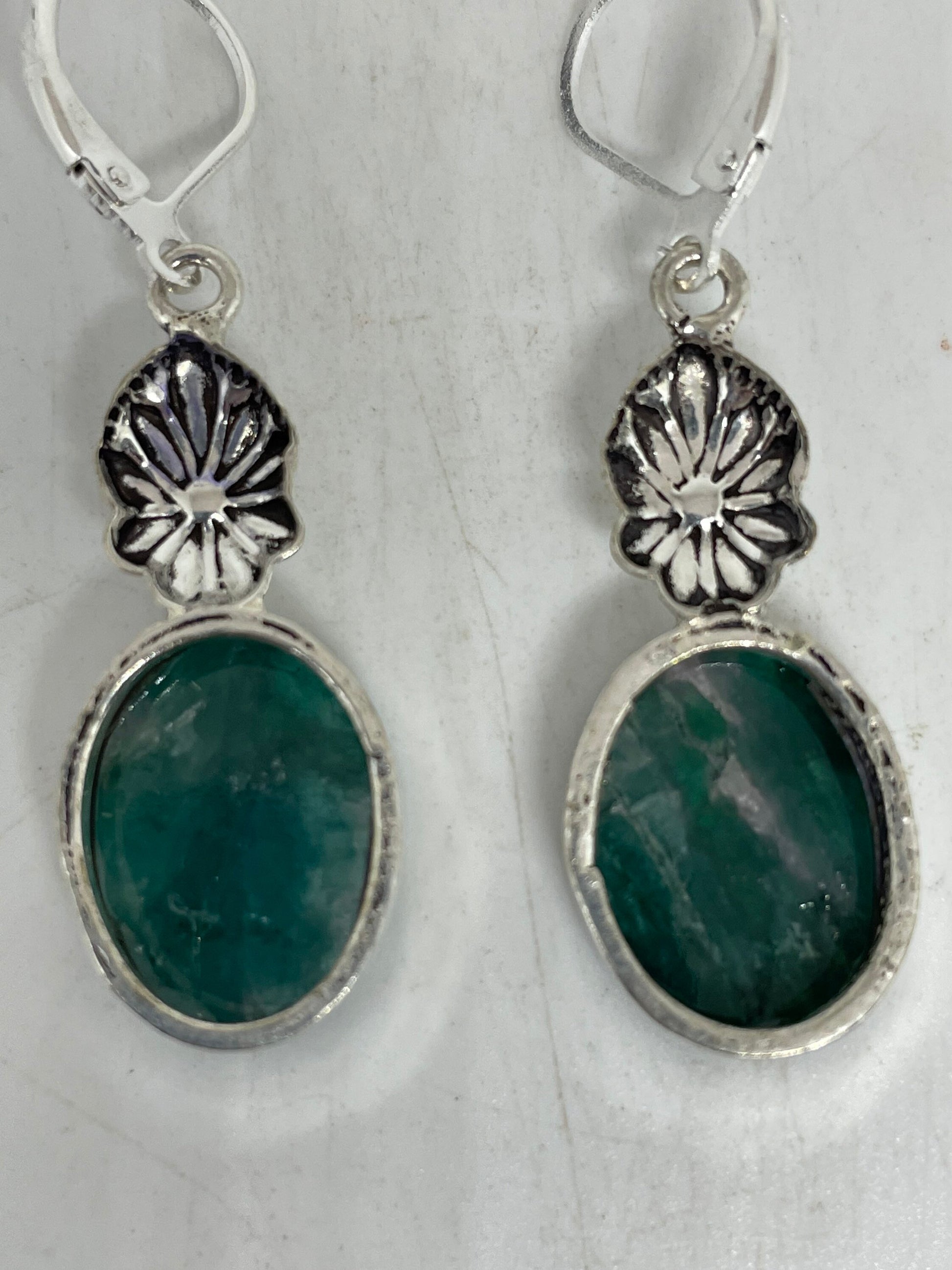 Vintage Genuine Raw Emerald Gemstone Filigree Sterling Silver Lever Back Dangle Earrings