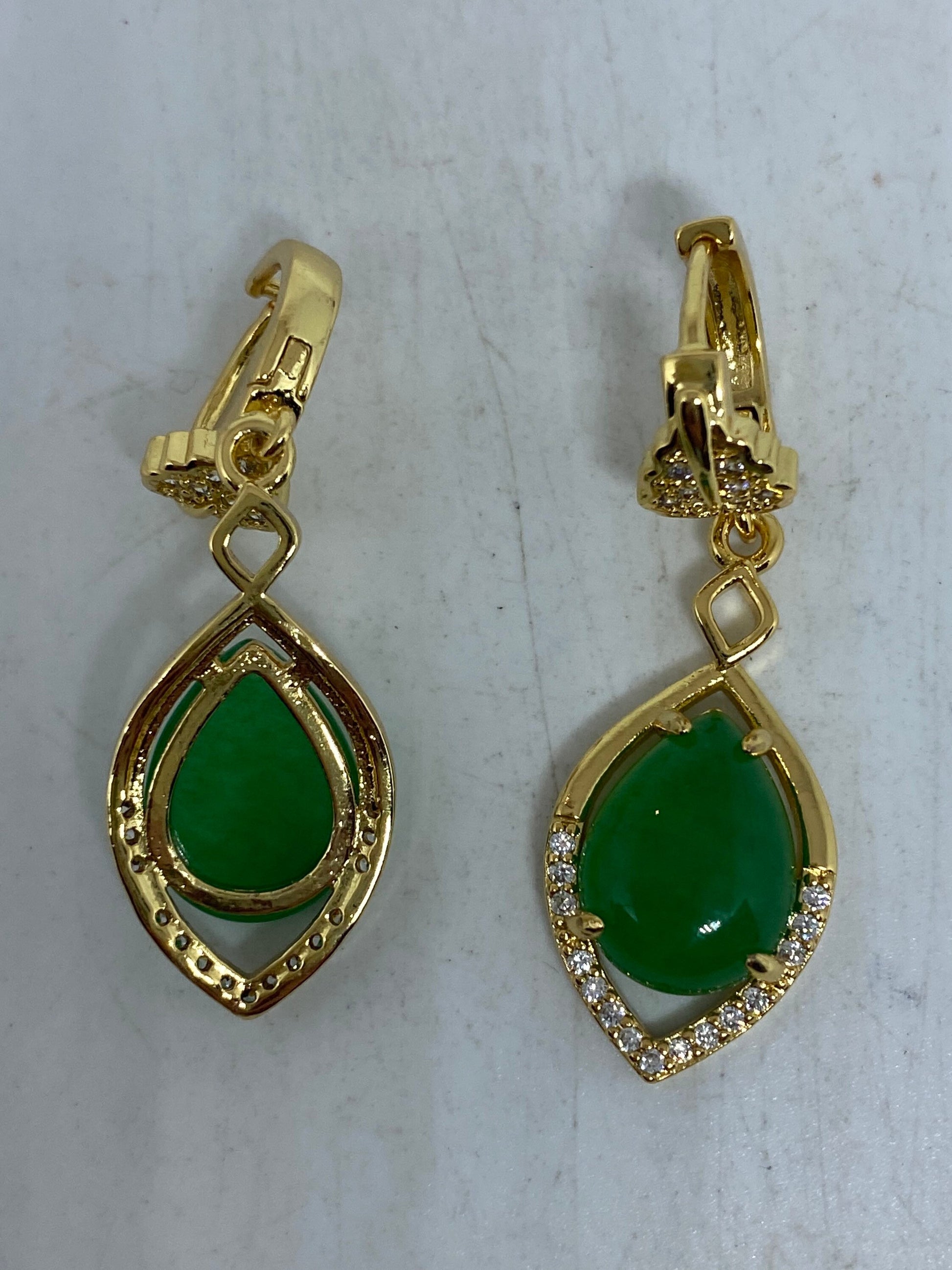 Vintage Fun Green Jade Gemstone Gold Rhodium Bronze Earrings