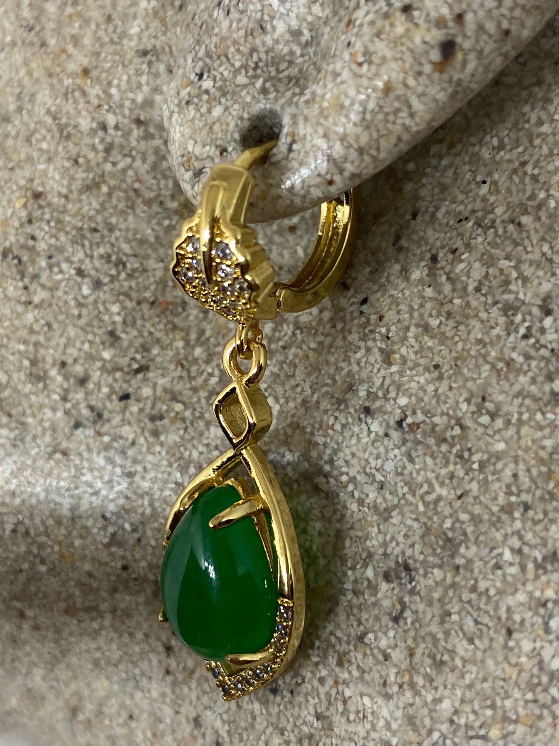 Vintage Fun Green Jade Gemstone Gold Rhodium Bronze Earrings