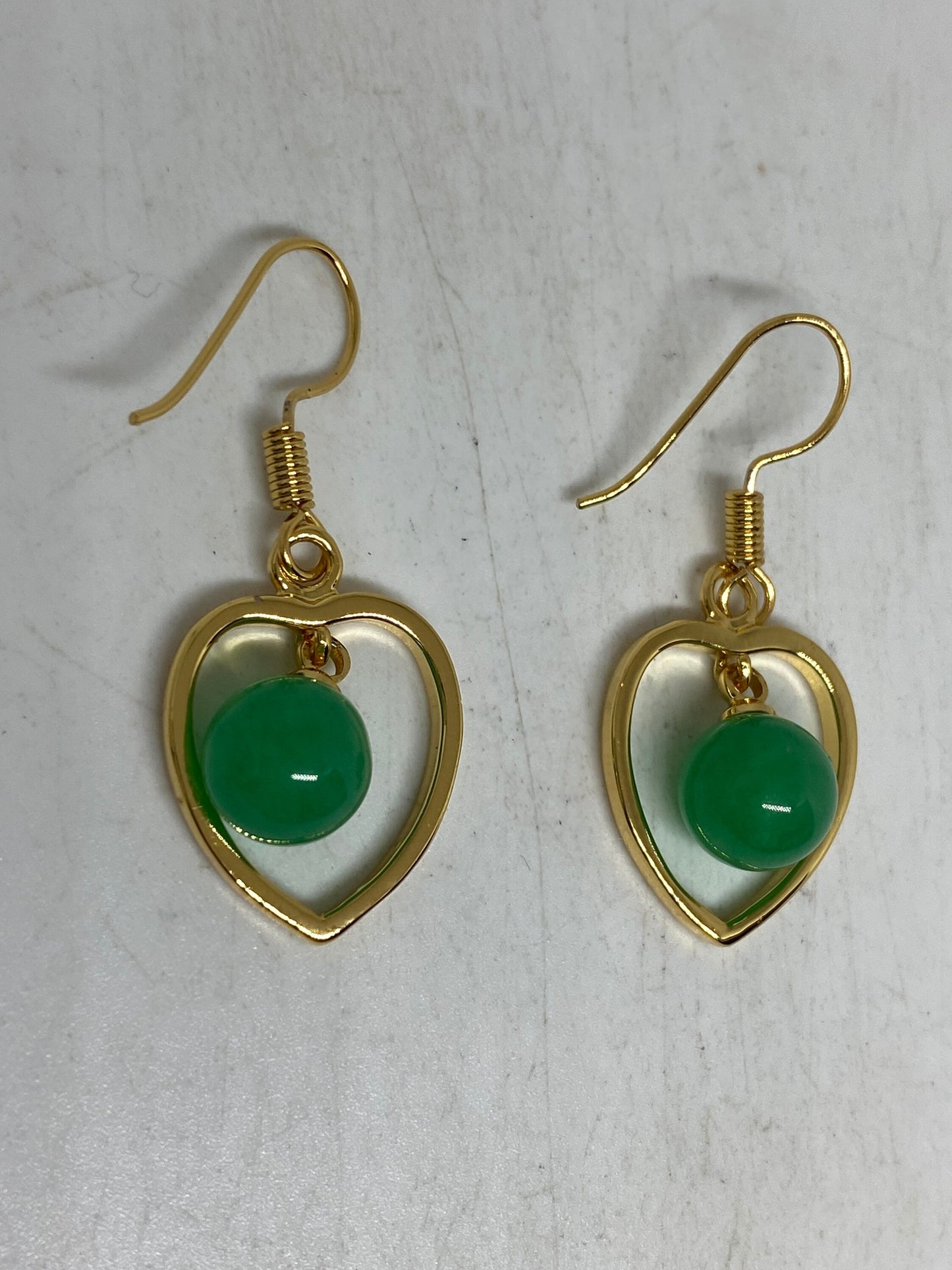 Vintage Fun Green Jade Heart Gemstone Gold Rhodium Bronze Earrings