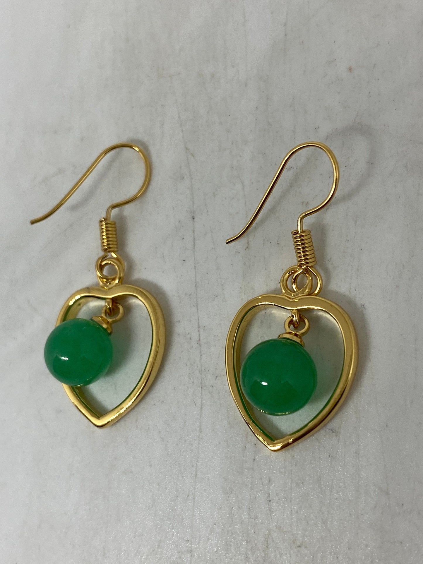 Vintage Fun Green Jade Heart Gemstone Gold Rhodium Bronze Earrings