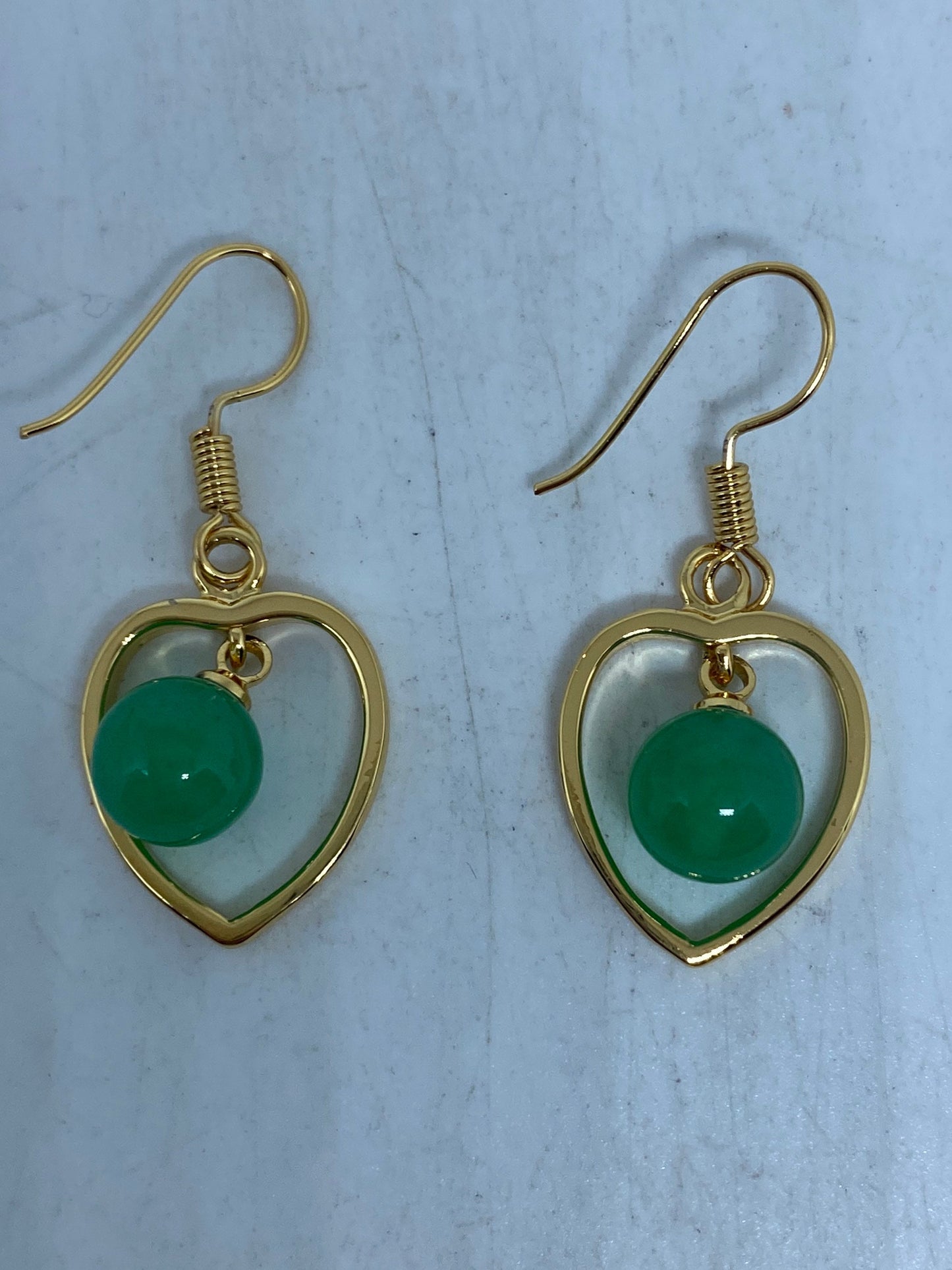 Vintage Fun Green Jade Heart Gemstone Gold Rhodium Bronze Earrings