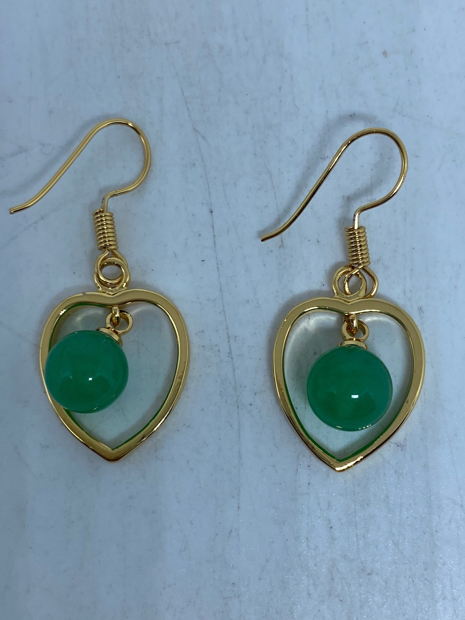 Vintage Fun Green Jade Heart Gemstone Gold Rhodium Bronze Earrings