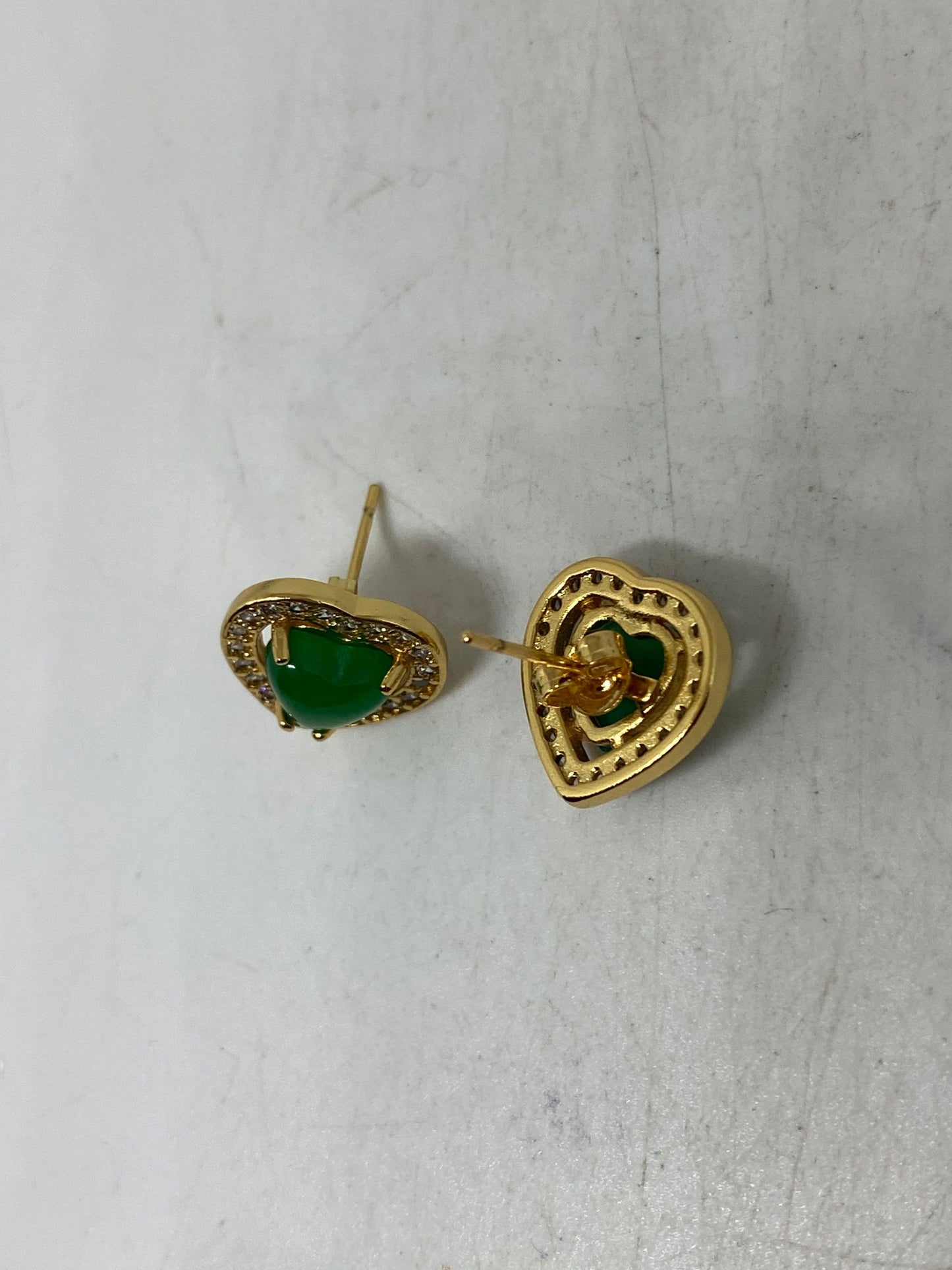 Vintage Fun Green Jade Heart Gemstone Gold Rhodium Bronze Earrings